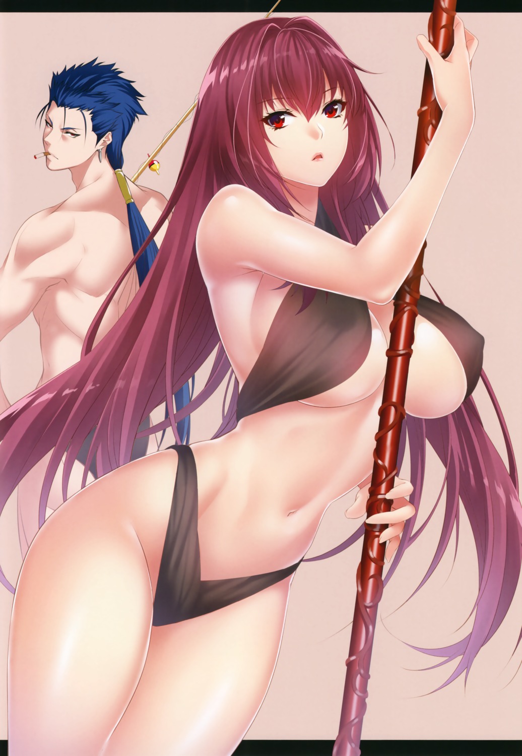 bikini cleavage erect_nipples fate/grand_order fate/stay_night lancer scathach_(fate/grand_order) smoking swimsuits underboob weapon zucchini