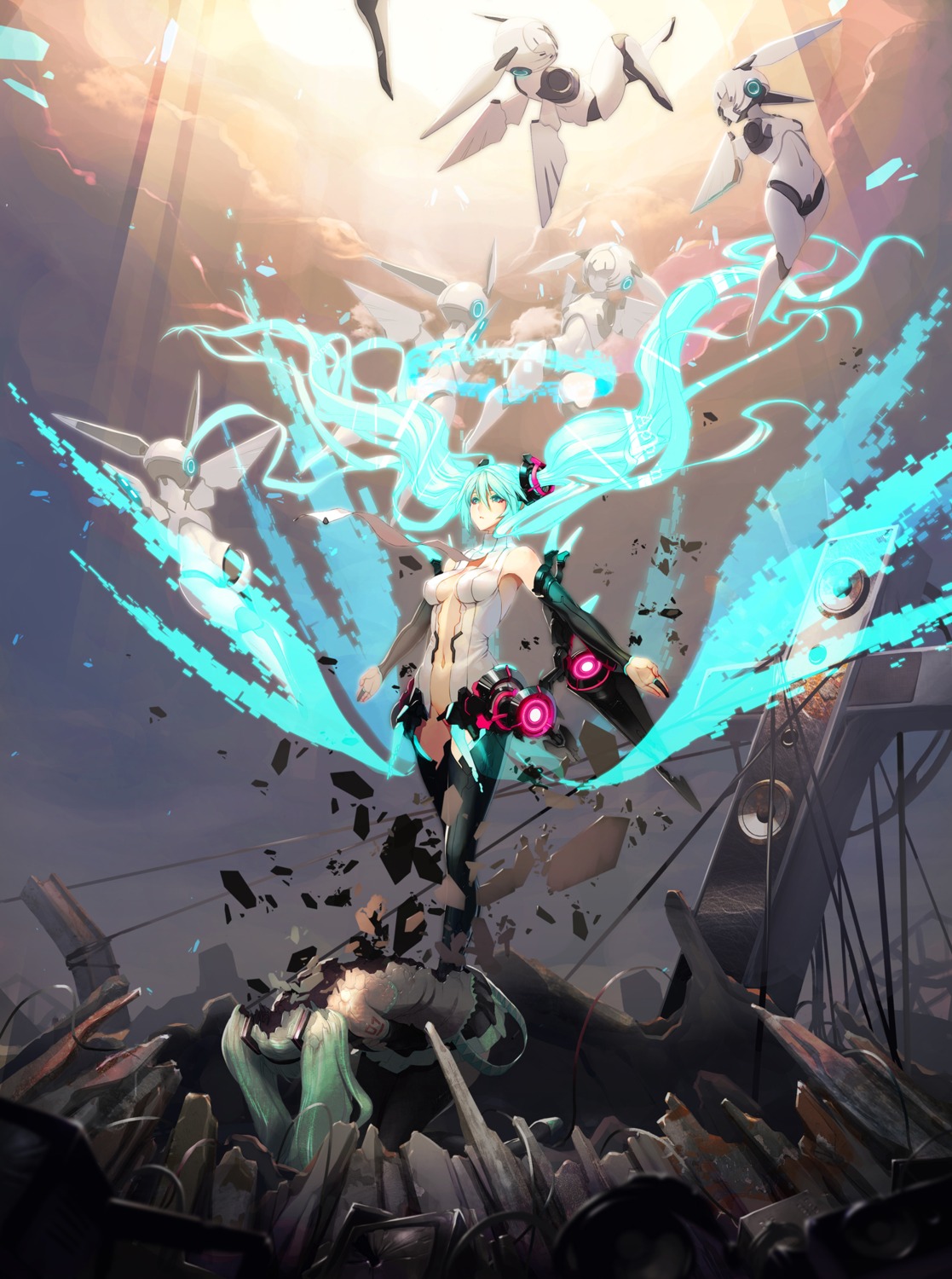 cleavage hatsune_miku mecha_musume miku_append no_bra nopan tattoo thighhighs tsunekun vocaloid vocaloid_append wings