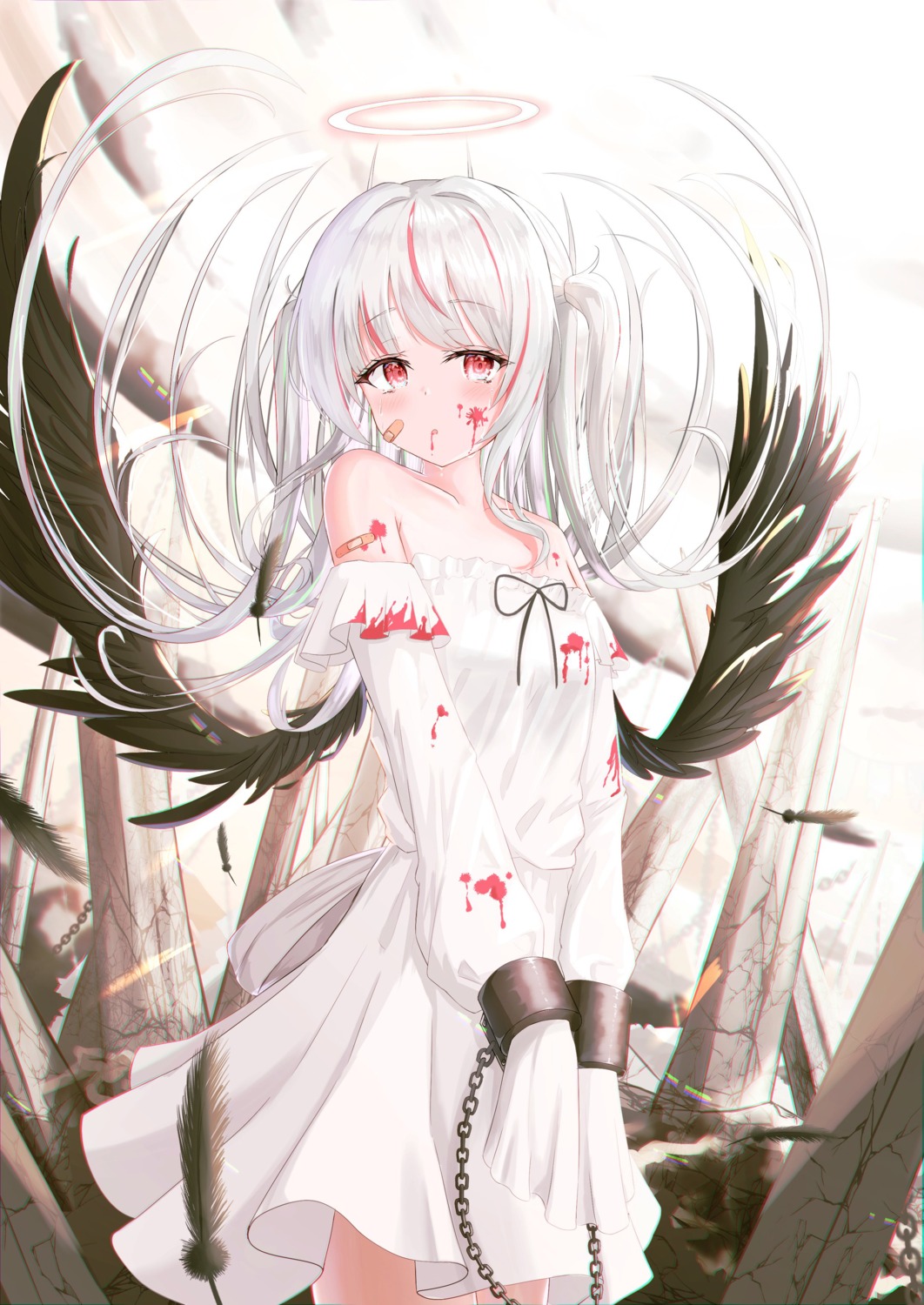 aki_uzuki3 angel bandaid blood bondage dress no_bra wings