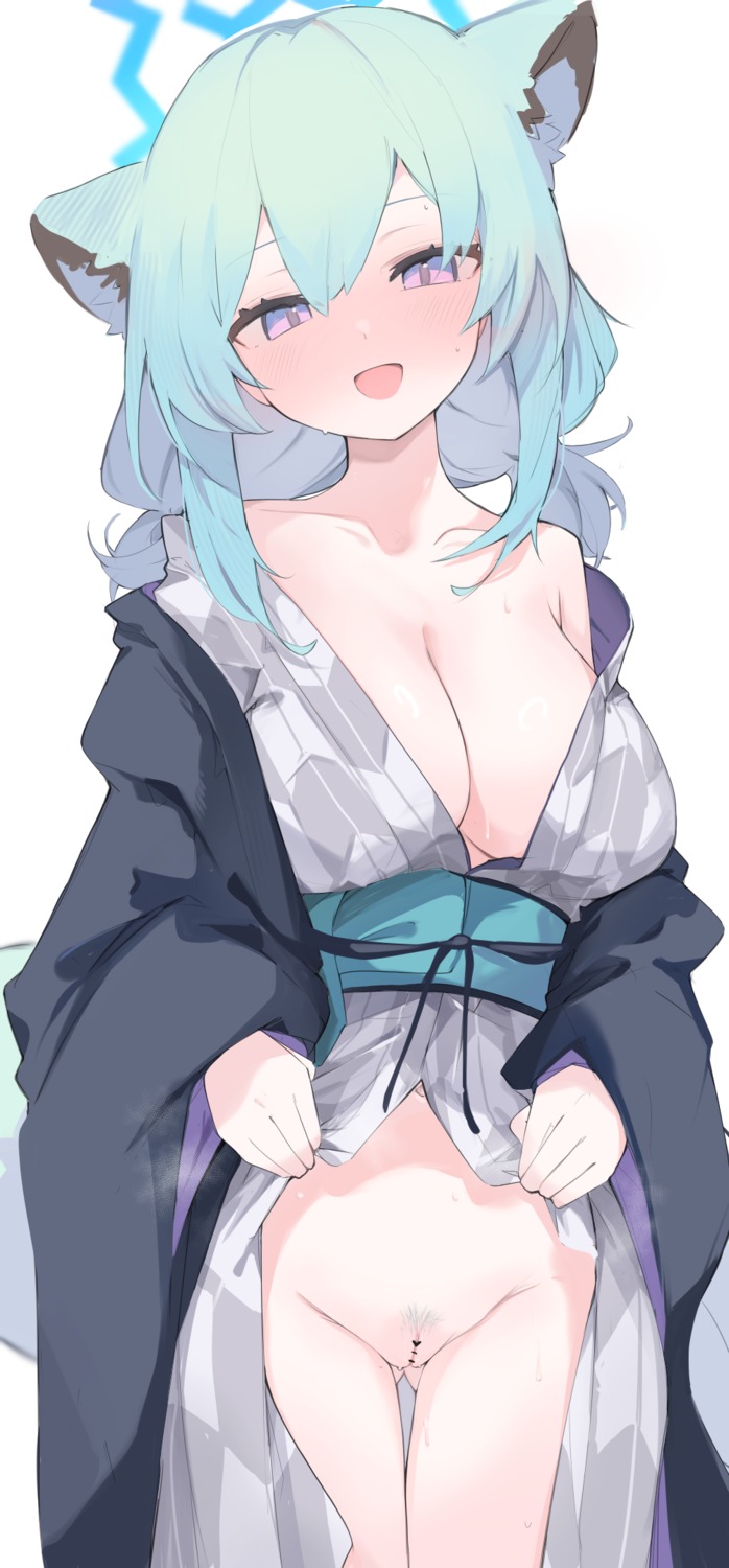 animal_ears blue_archive censored halo mayoi_shigure mikojin no_bra nopan pubic_hair pussy skirt_lift yukata