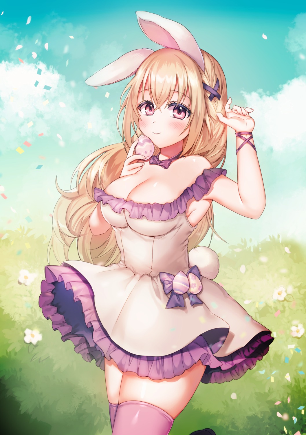 animal_ears bunny_ears dress nanase_chiori no_bra skirt_lift tail thighhighs