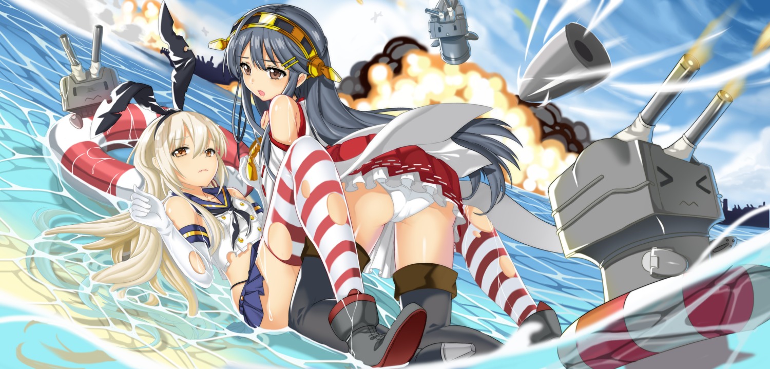 haruna_(kancolle) kantai_collection kikimi pantsu rensouhou-chan shimakaze_(kancolle) thighhighs torn_clothes