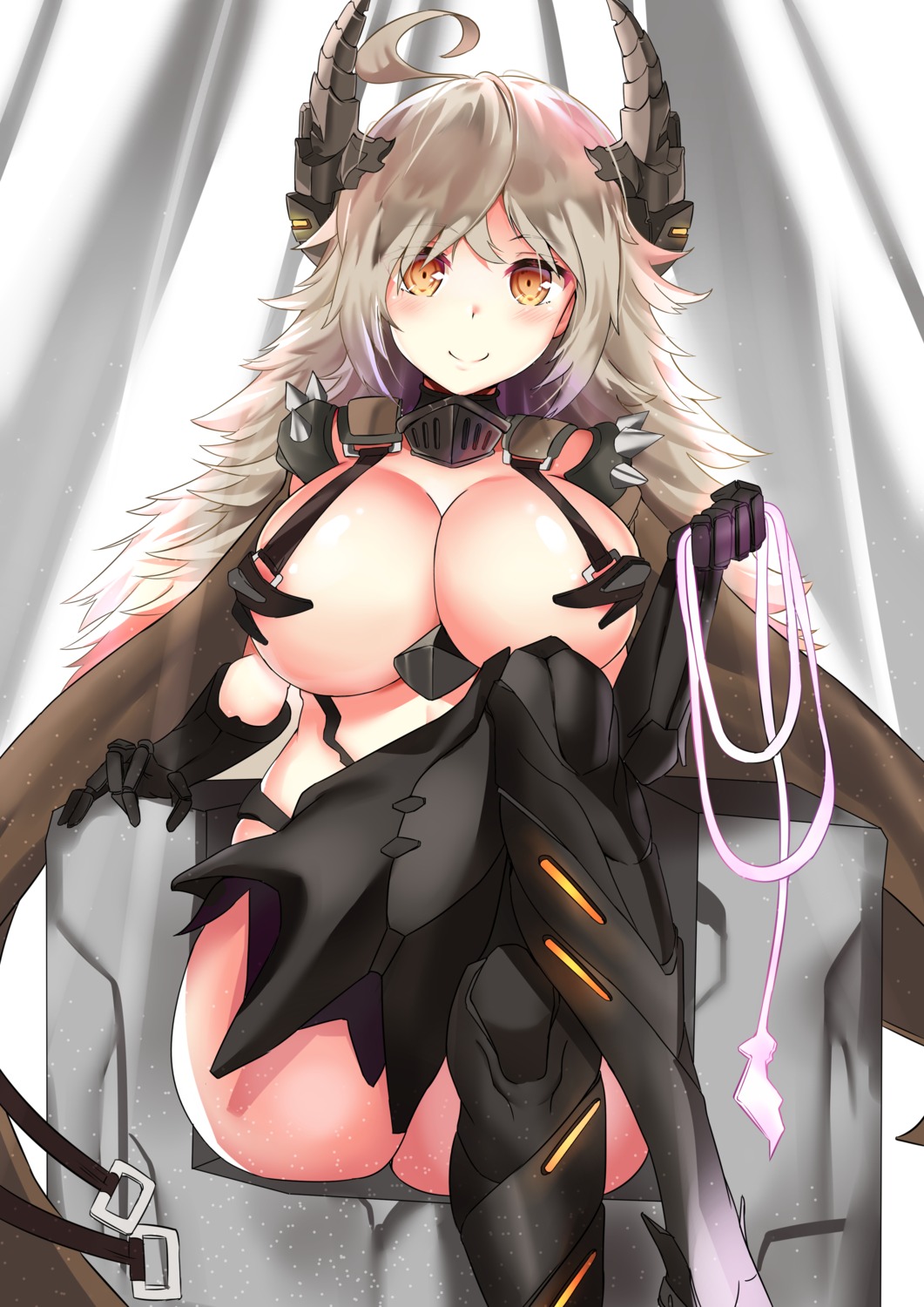 areola armor deogho_(liujinzy9854) faucre_the_evil_overlord horns last_origin no_bra nopan skirt_lift thighhighs