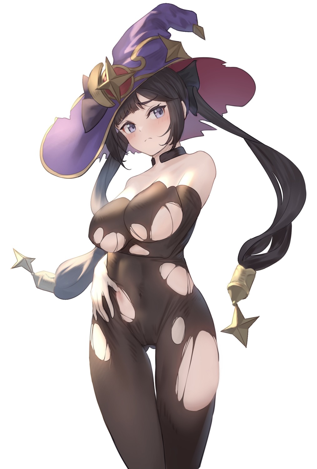 bodysuit genshin_impact mona_megistus no_bra owaowa_no_mi pantyhose torn_clothes witch