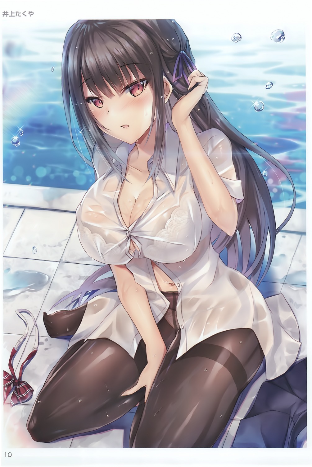 bra cleavage inoue_takuya_(hinot3) open_shirt pantyhose see_through seifuku toranoana wet wet_clothes