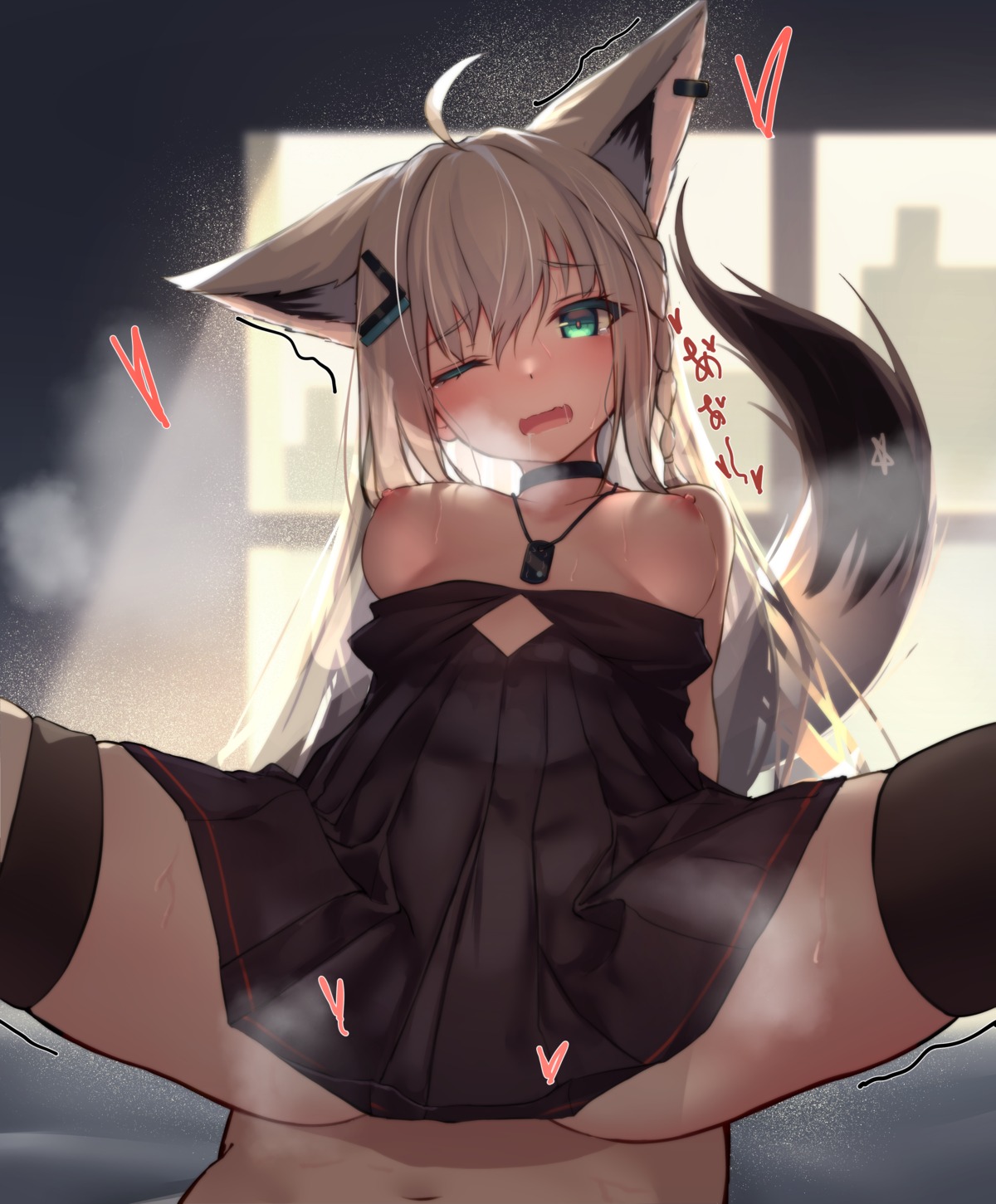 animal_ears breasts dress garter hololive hololive_gamers inaba_teitoku kitsune nipples no_bra open_shirt shirakami_fubuki tail thighhighs wet