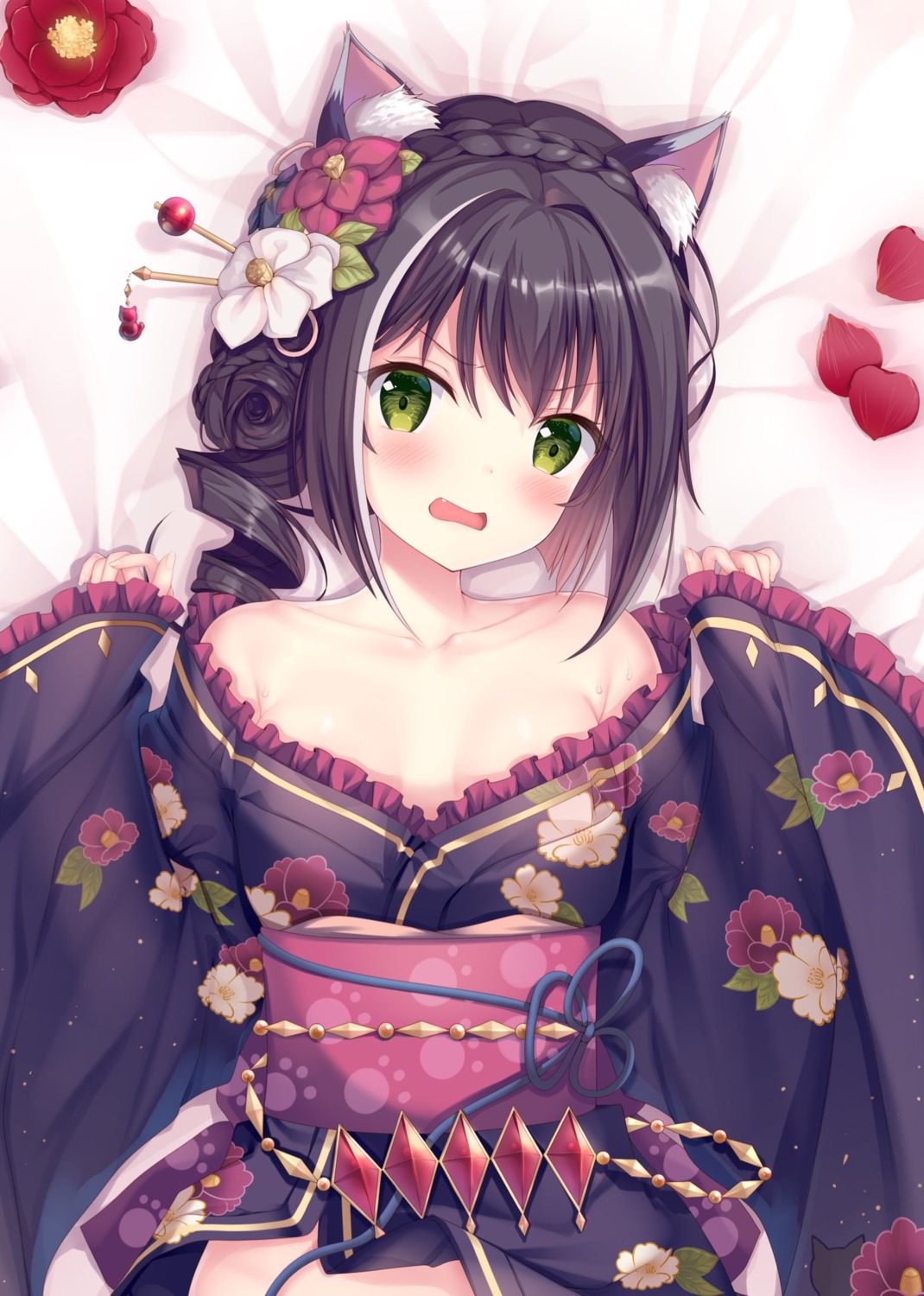 animal_ears cleavage karyl_(princess_connect) kimono no_bra open_shirt princess_connect princess_connect!_re:dive skirt_lift twinbox