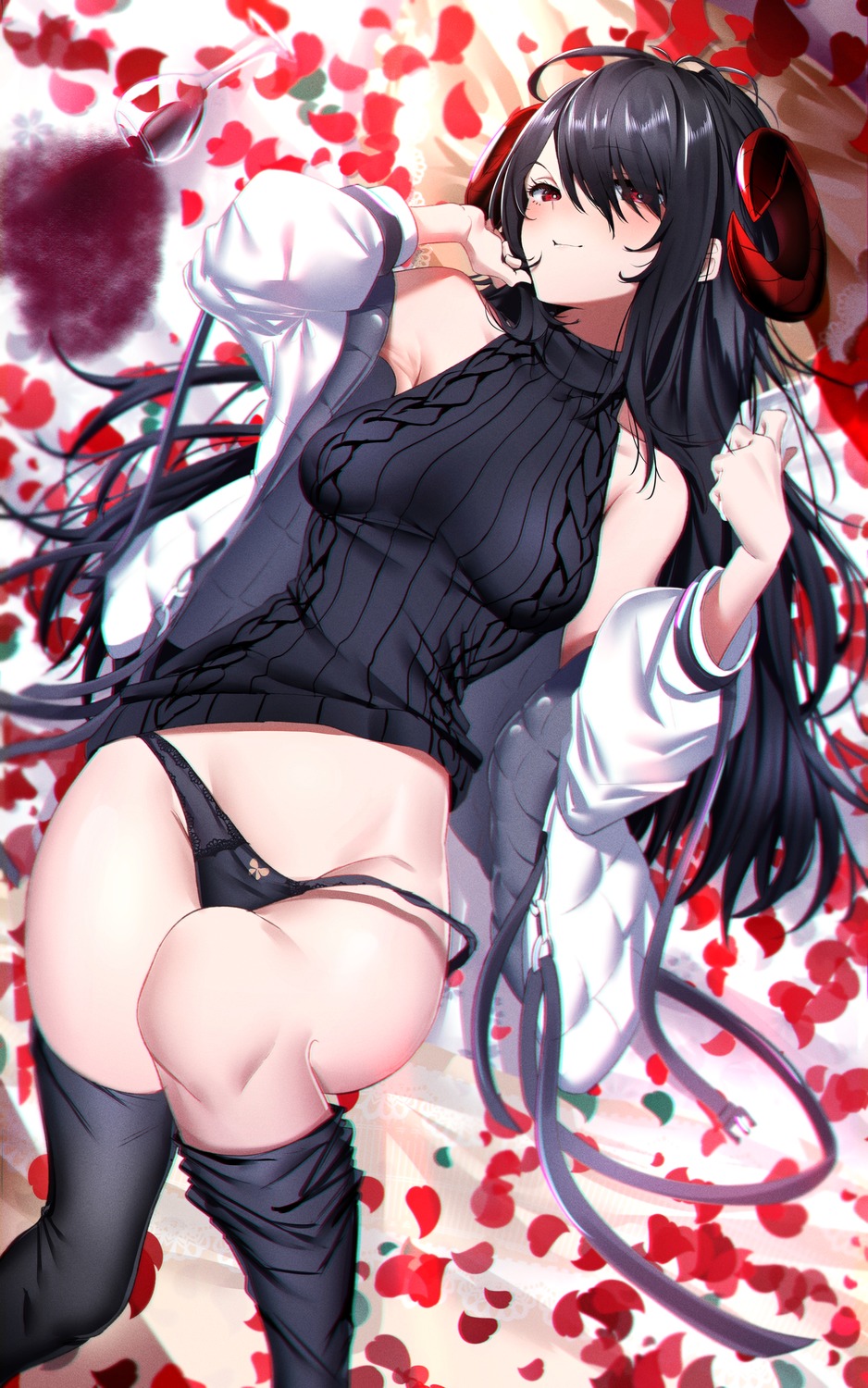 azarashi_(azrsot) dress horns pantsu panty_pull skirt_lift sweater thighhighs