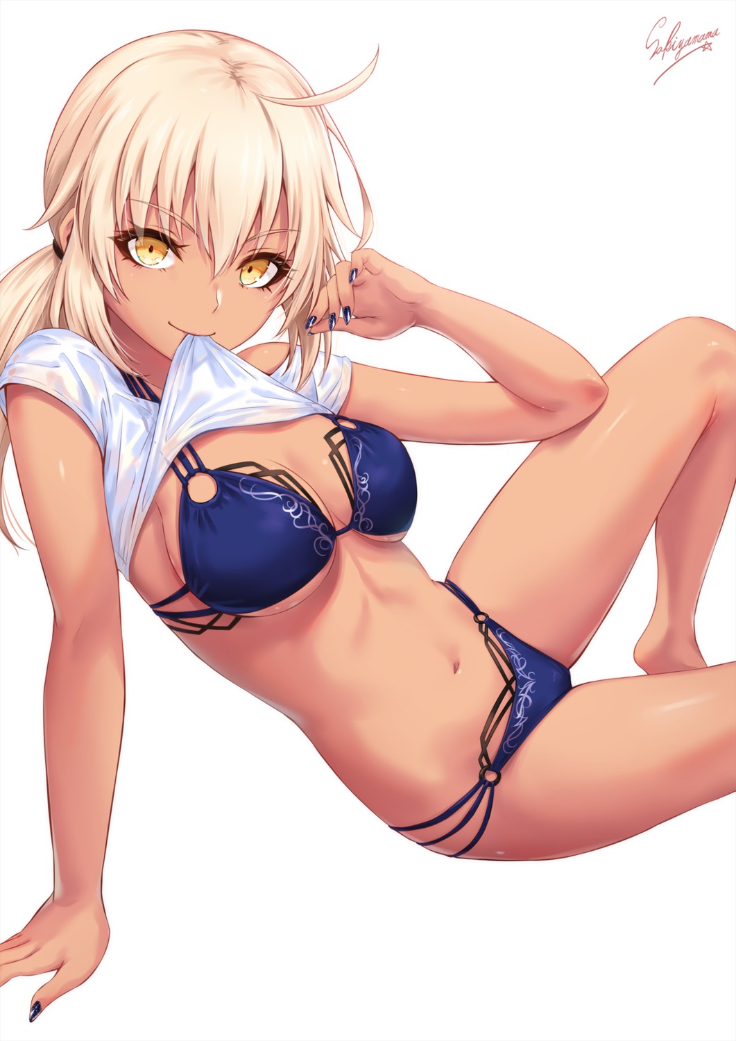 bikini fate/grand_order saber saber_alter sakiyamama shirt_lift swimsuits wet_clothes