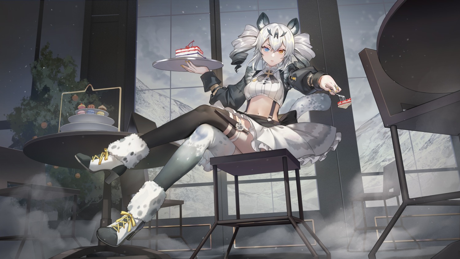 animal_ears criin garter heels heterochromia karenina_(punishing:_gray_raven) punishing:_gray_raven skirt_lift tail thighhighs