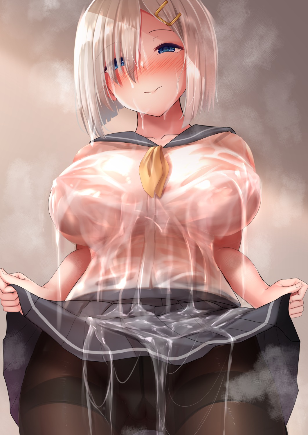 cream hamakaze_(kancolle) kantai_collection nicoby no_bra pantsu pantyhose see_through seifuku skirt_lift wet_clothes