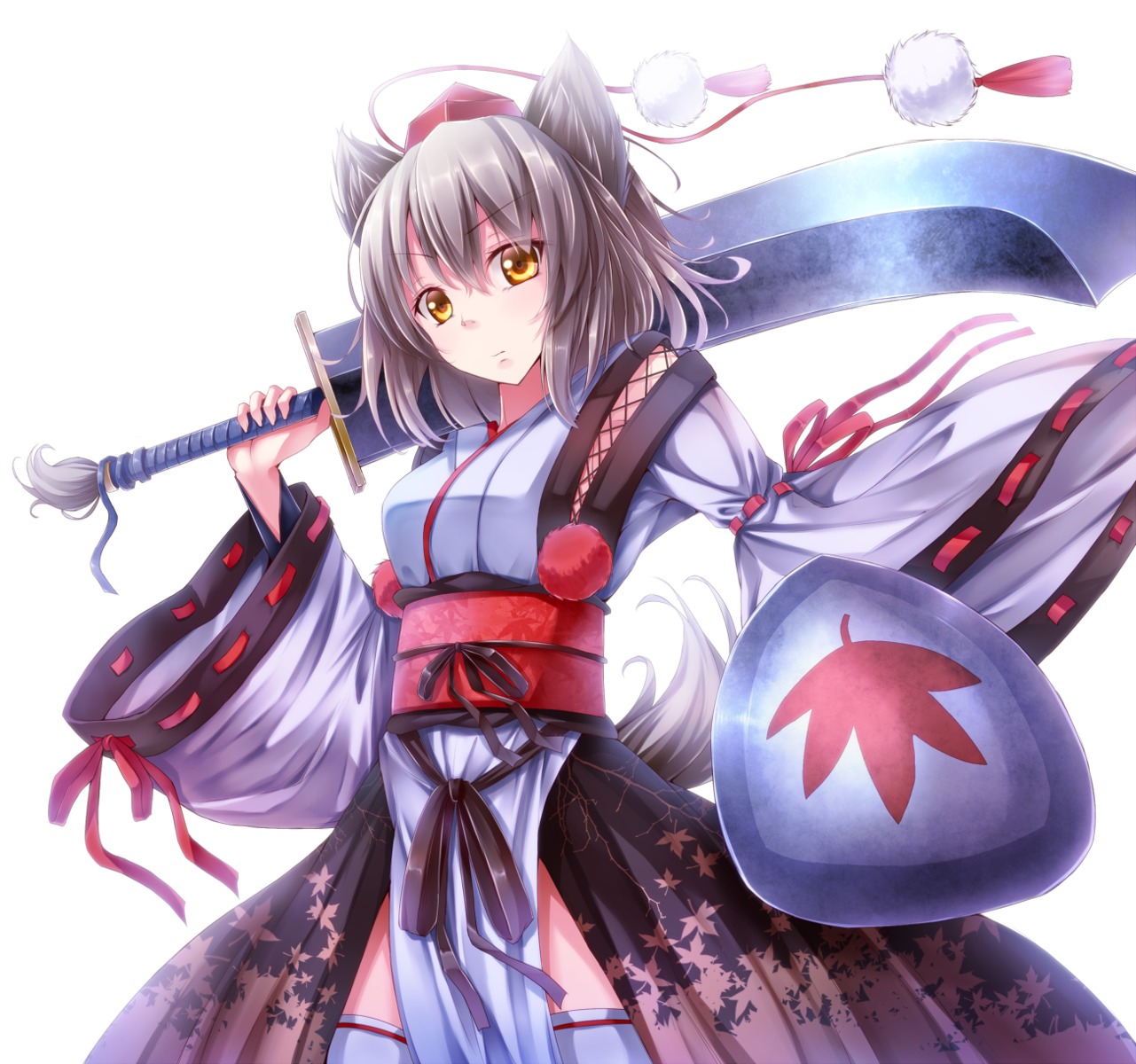 animal_ears dabadhi inubashiri_momiji japanese_clothes sword tail thighhighs touhou