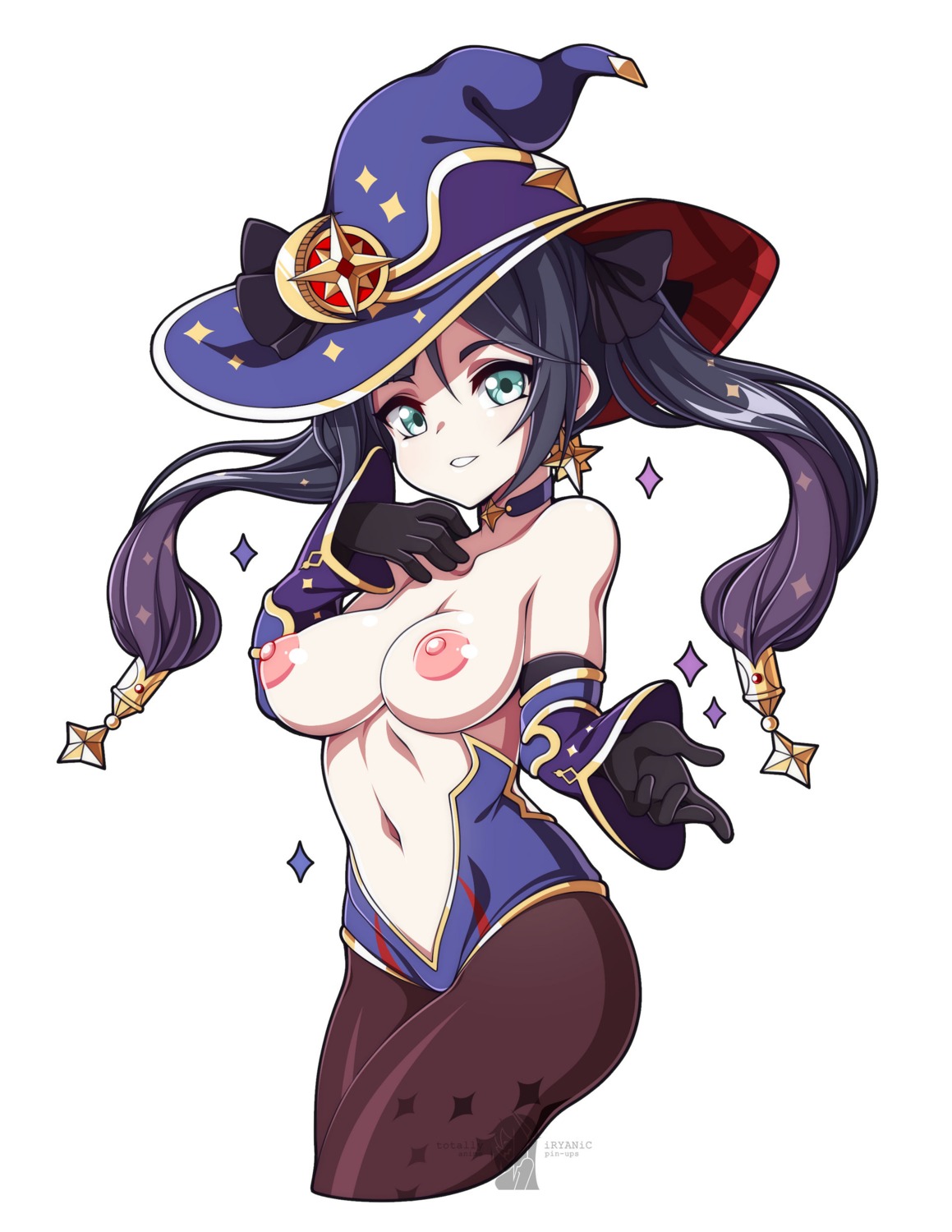 breasts genshin_impact leotard mona_megistus nipples no_bra pantyhose tagme witch