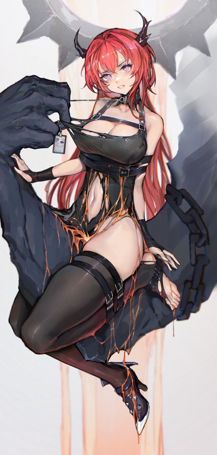 arknights cleavage garter heels horns no_bra surtr_(arknights) thighhighs torn_clothes undressing westking