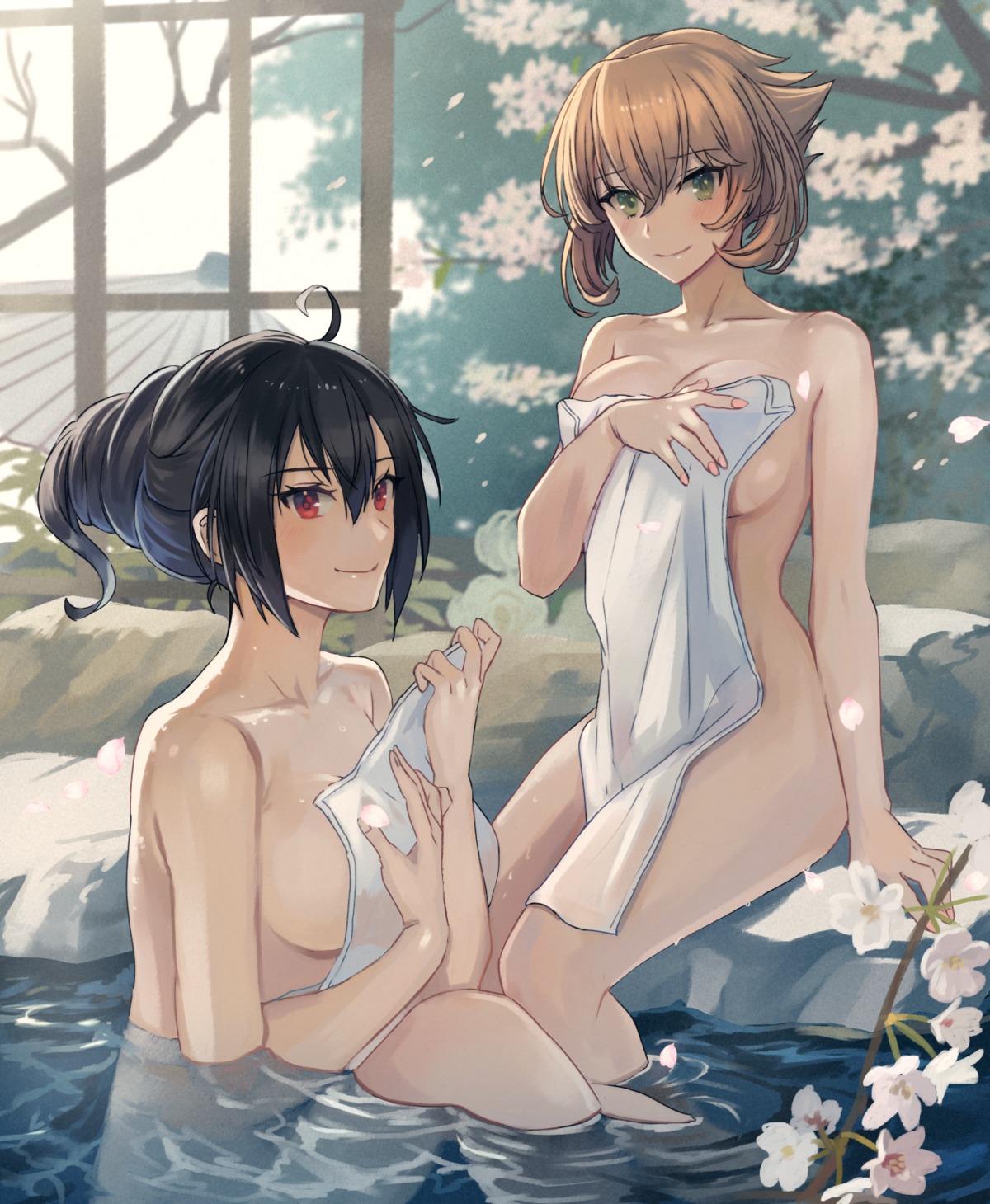 bathing kantai_collection kasumi_(skchkko) mutsu_(kancolle) nagato_(kancolle) naked onsen towel wet