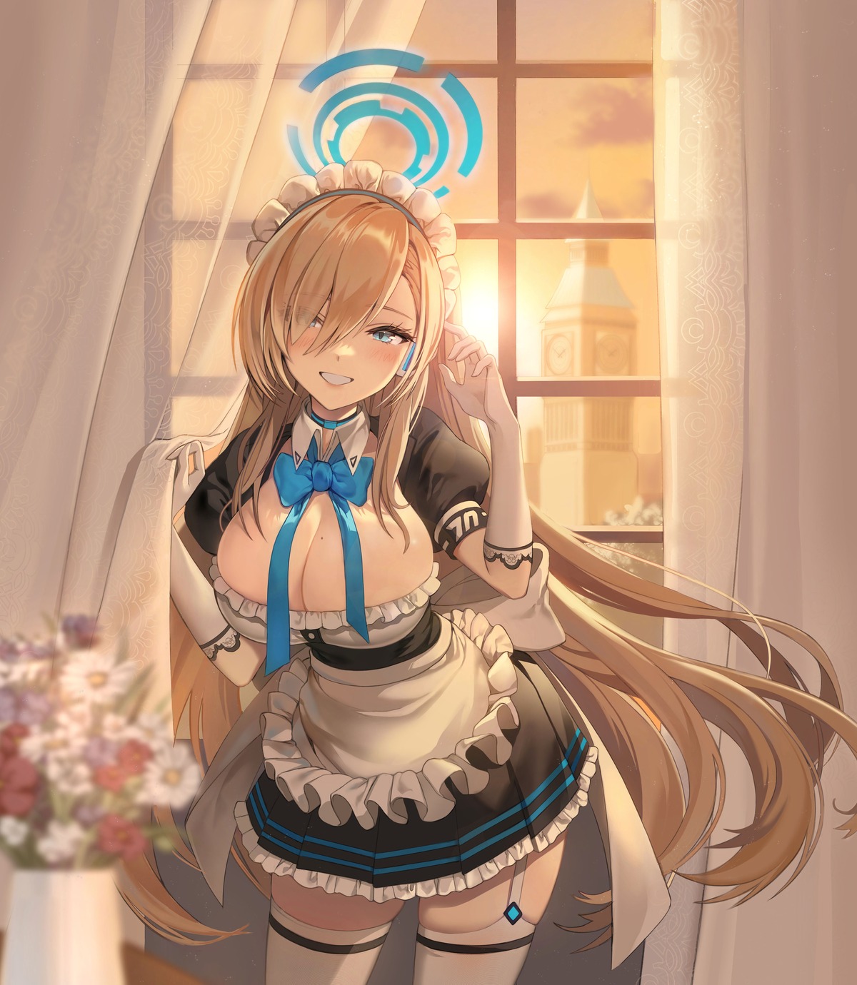 blue_archive halo ichinose_asuna maid momuru no_bra stockings thighhighs