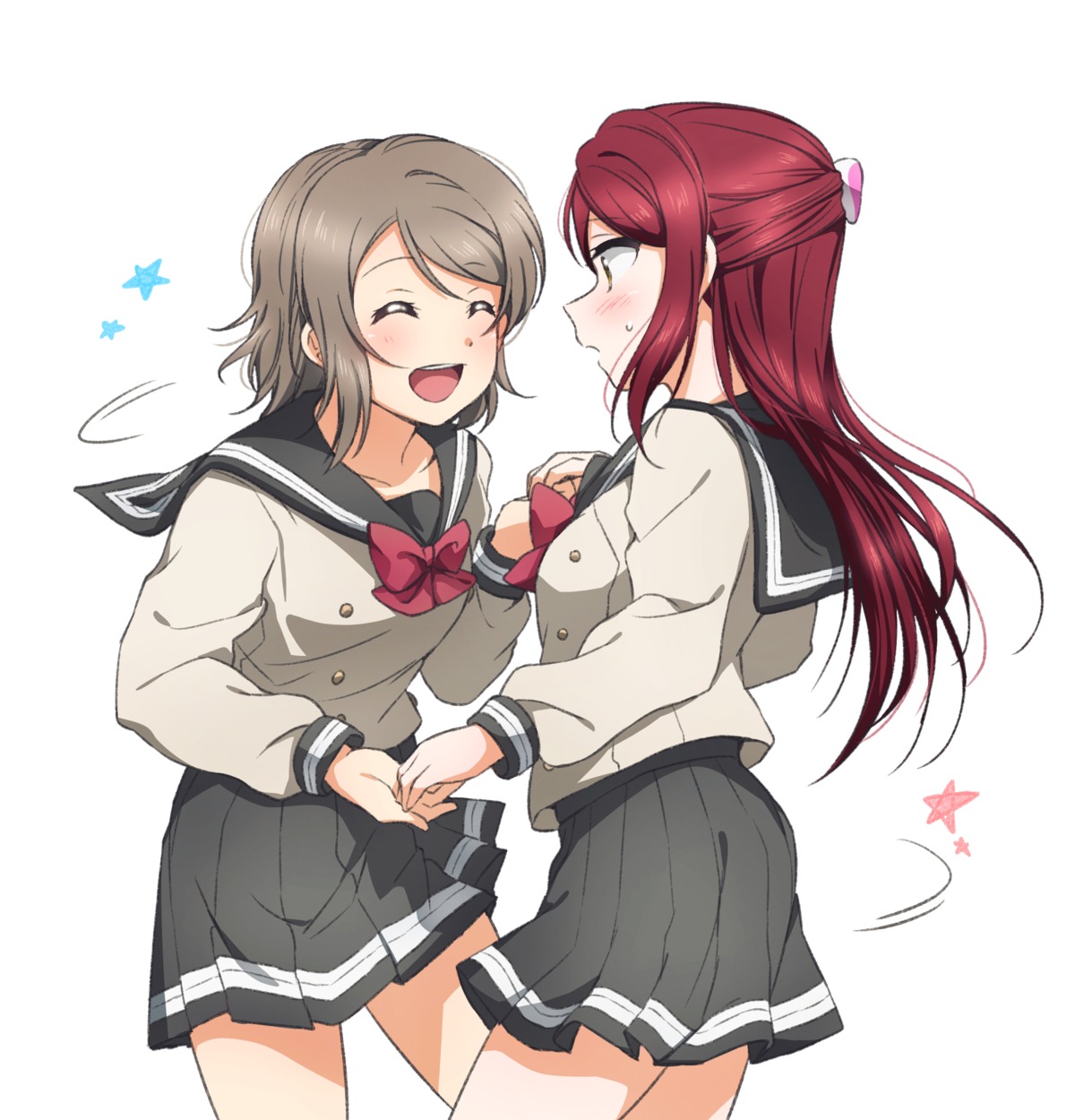 love_live!_sunshine!! sakurauchi_riko seifuku skirt_lift watanabe_you yuchi_(salmon-1000) yuri