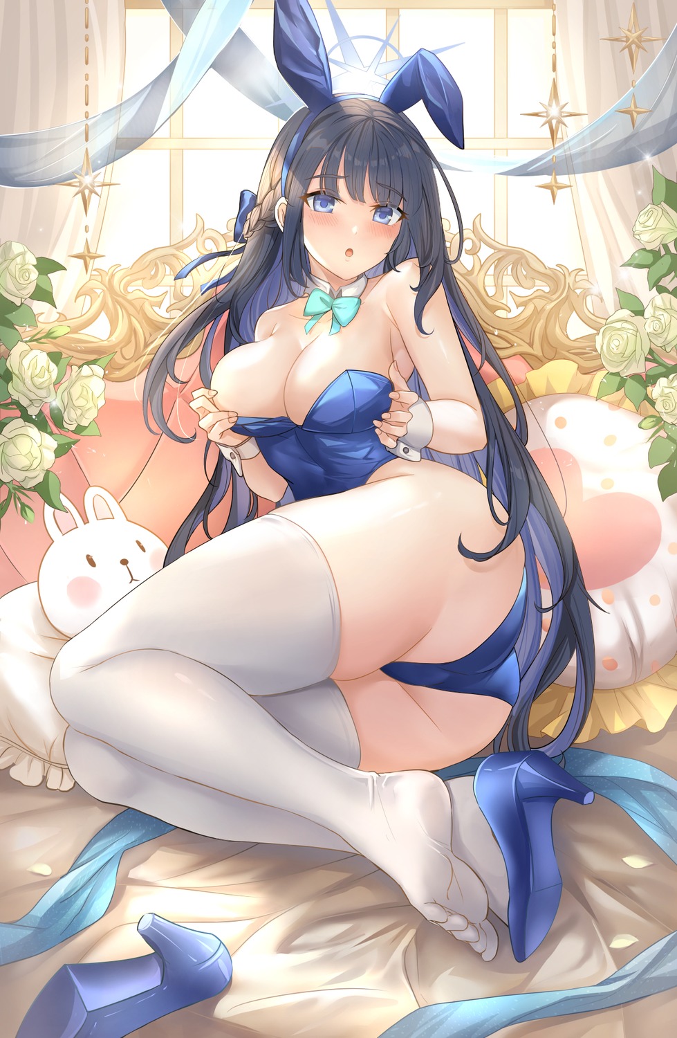 animal_ears blue_archive bunny_ears bunny_girl halo heels joumae_saori no_bra thighhighs yougen_kitsune