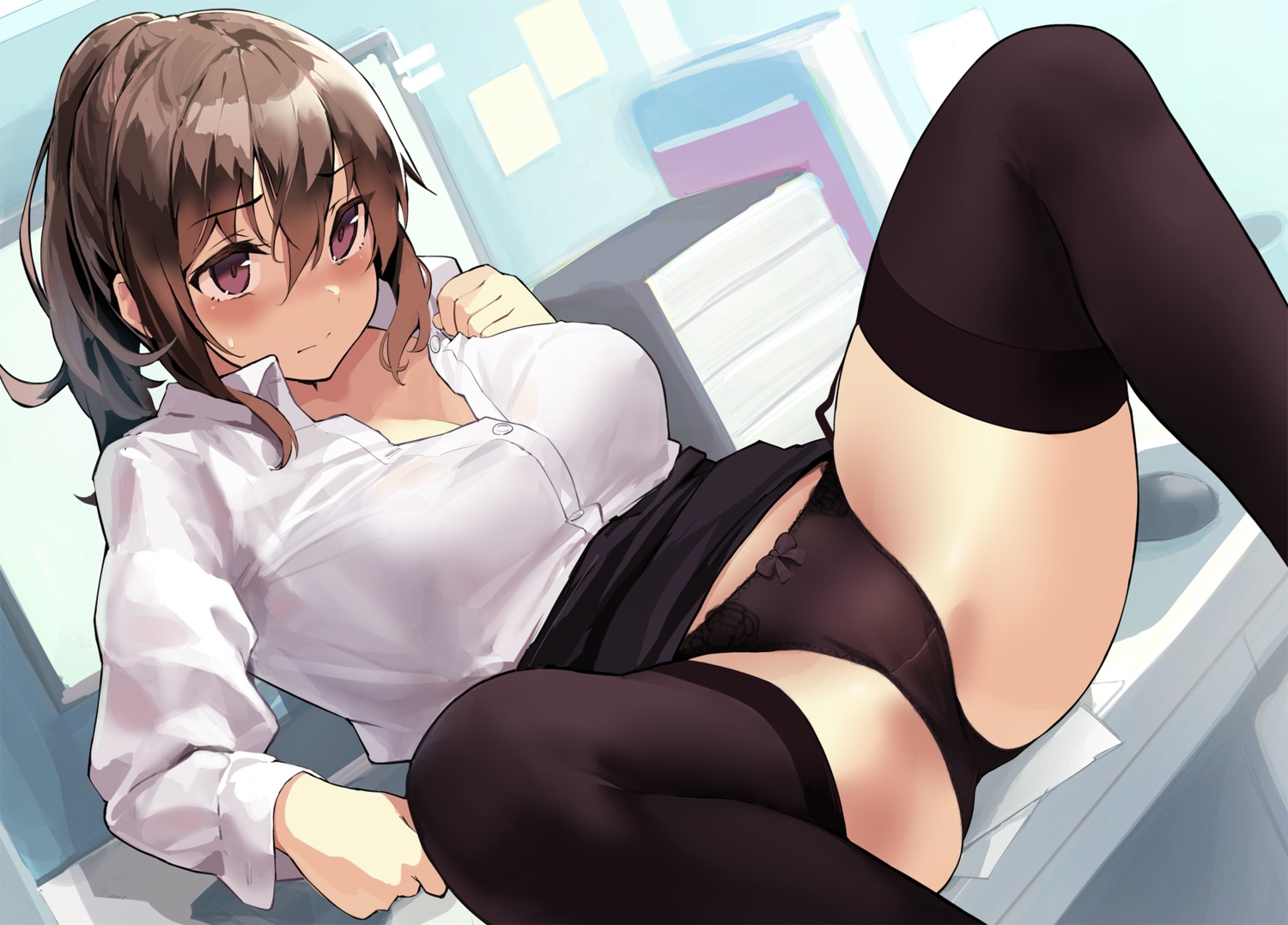 dress_shirt kekemotsu open_shirt pantsu see_through skirt_lift stockings thighhighs