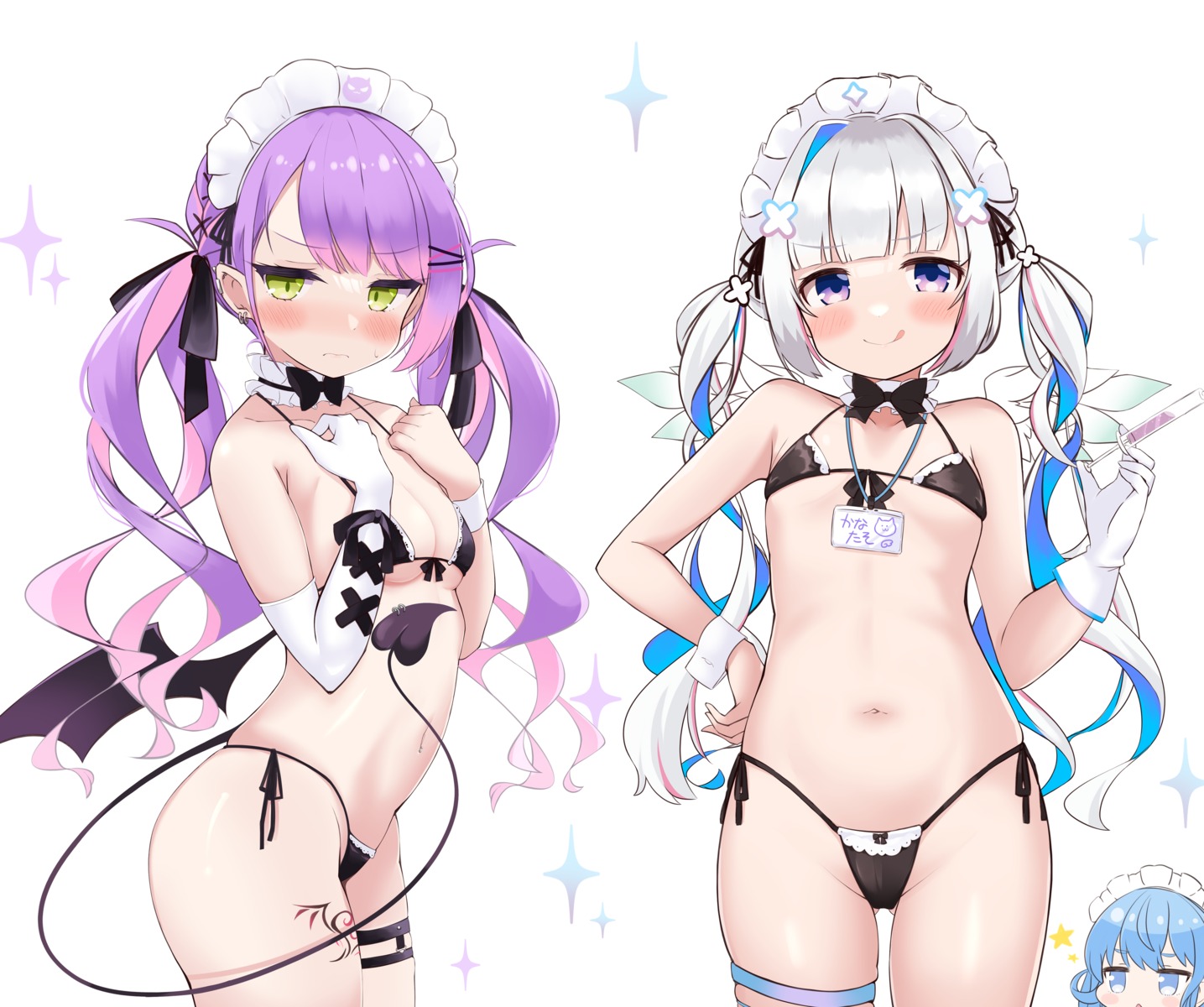 amane_kanata bikini chibi cocozasa garter hololive hoshimachi_suisei maid nurse swimsuits tail tattoo tokoyami_towa wings