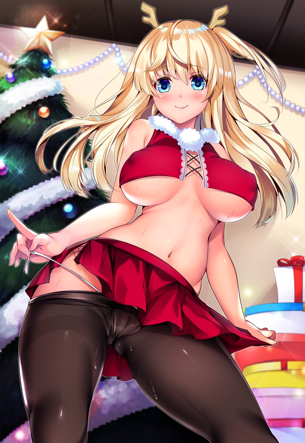 cameltoe christmas cleavage cosplay erect_nipples horns no_bra pantsu panty_pull pantyhose ruri_rarako string_panties underboob undressing