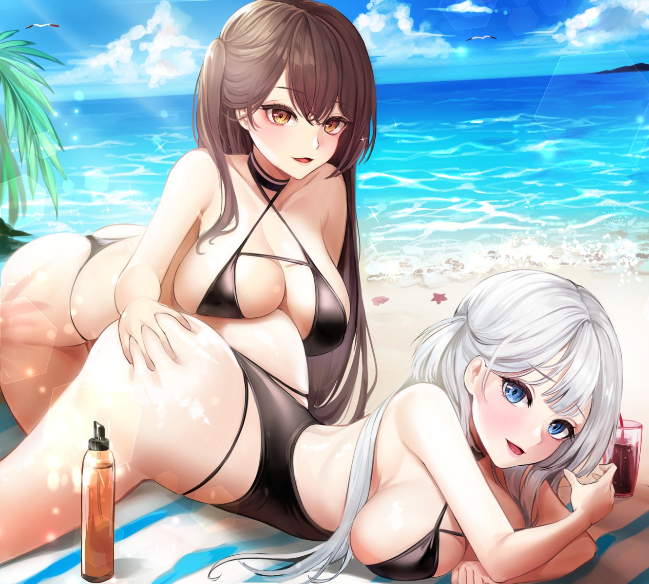 ass_grab azur_lane bikini lillly shoukaku_(azur_lane) swimsuits thong yuri zuikaku_(azur_lane)