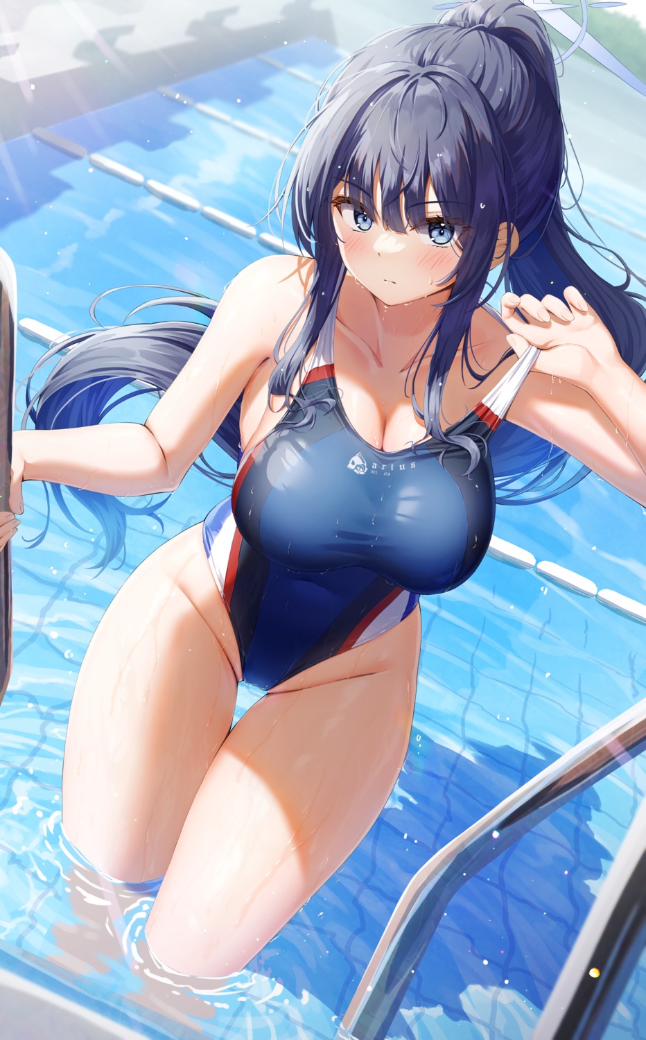 blue_archive cleavage joumae_saori kuria_(clear_trip_second) swimsuits undressing wet