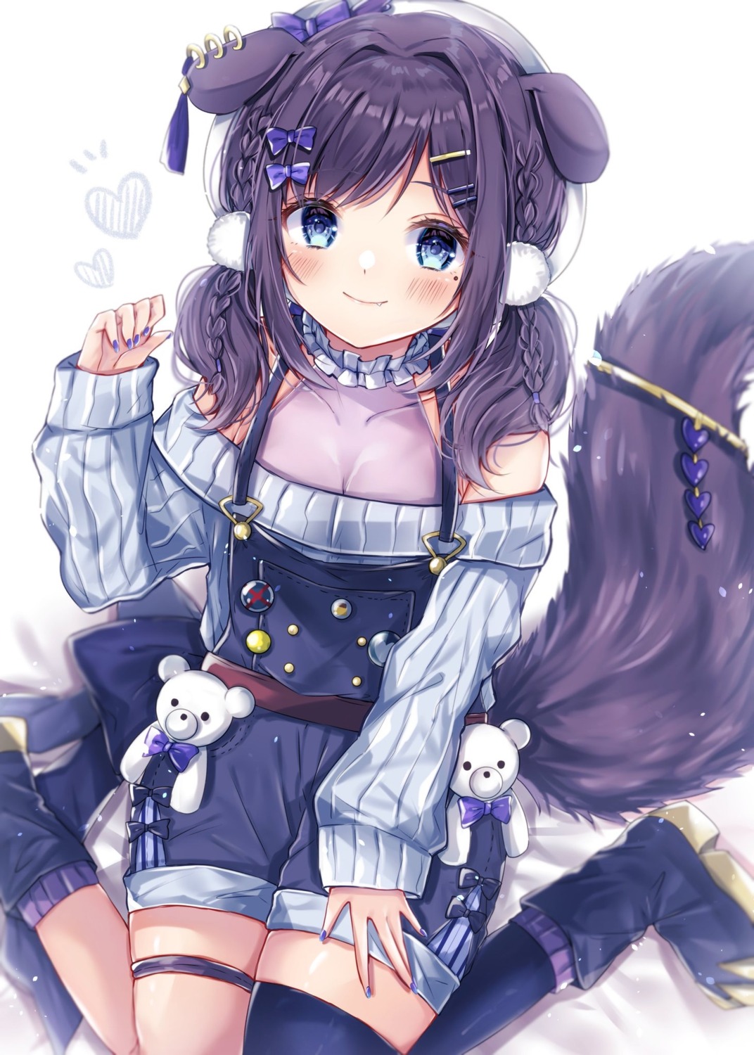 aiba_uiha animal_ears cleavage garter nijisanji overalls see_through sorashima tail thighhighs