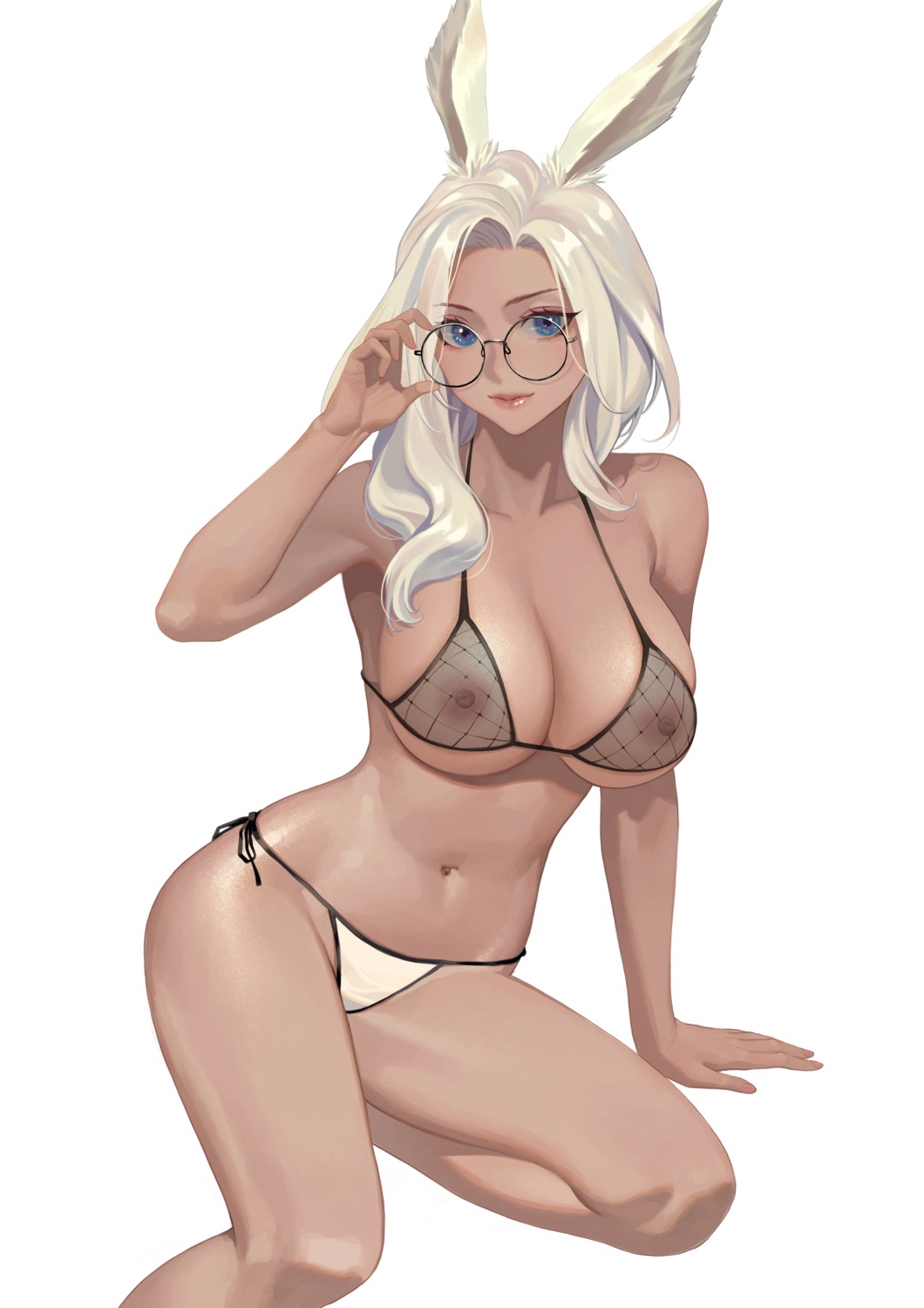 animal_ears bikini bunny_ears final_fantasy final_fantasy_xiv fishnets hongcasso megane nipples see_through swimsuits viera