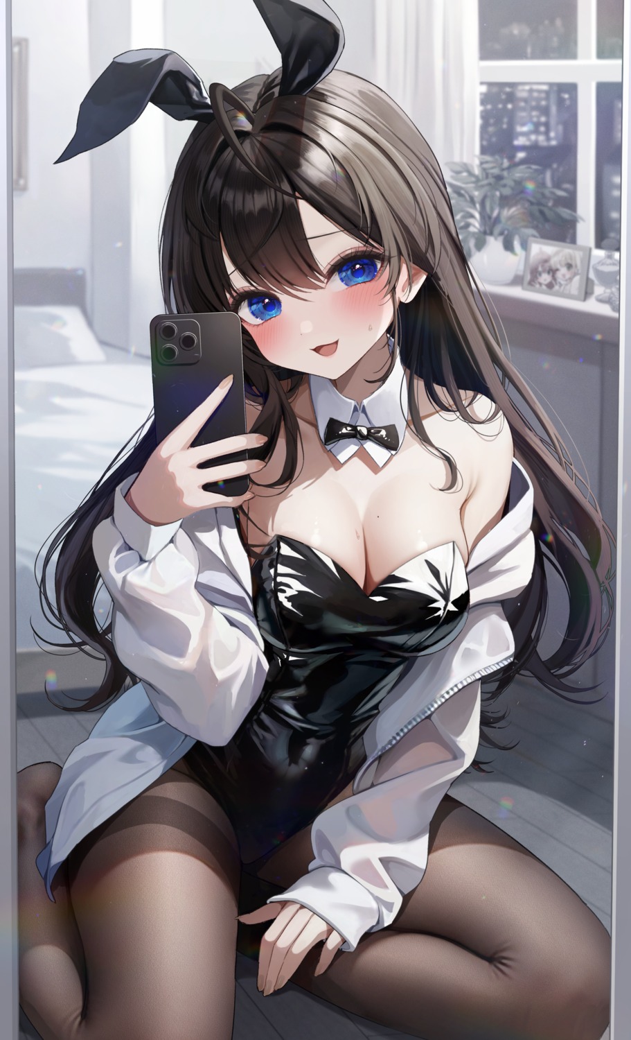 animal_ears bunny_ears bunny_girl ichinose_shiki kudou_eru no_bra pantyhose see_through selfie the_idolm@ster the_idolm@ster_cinderella_girls