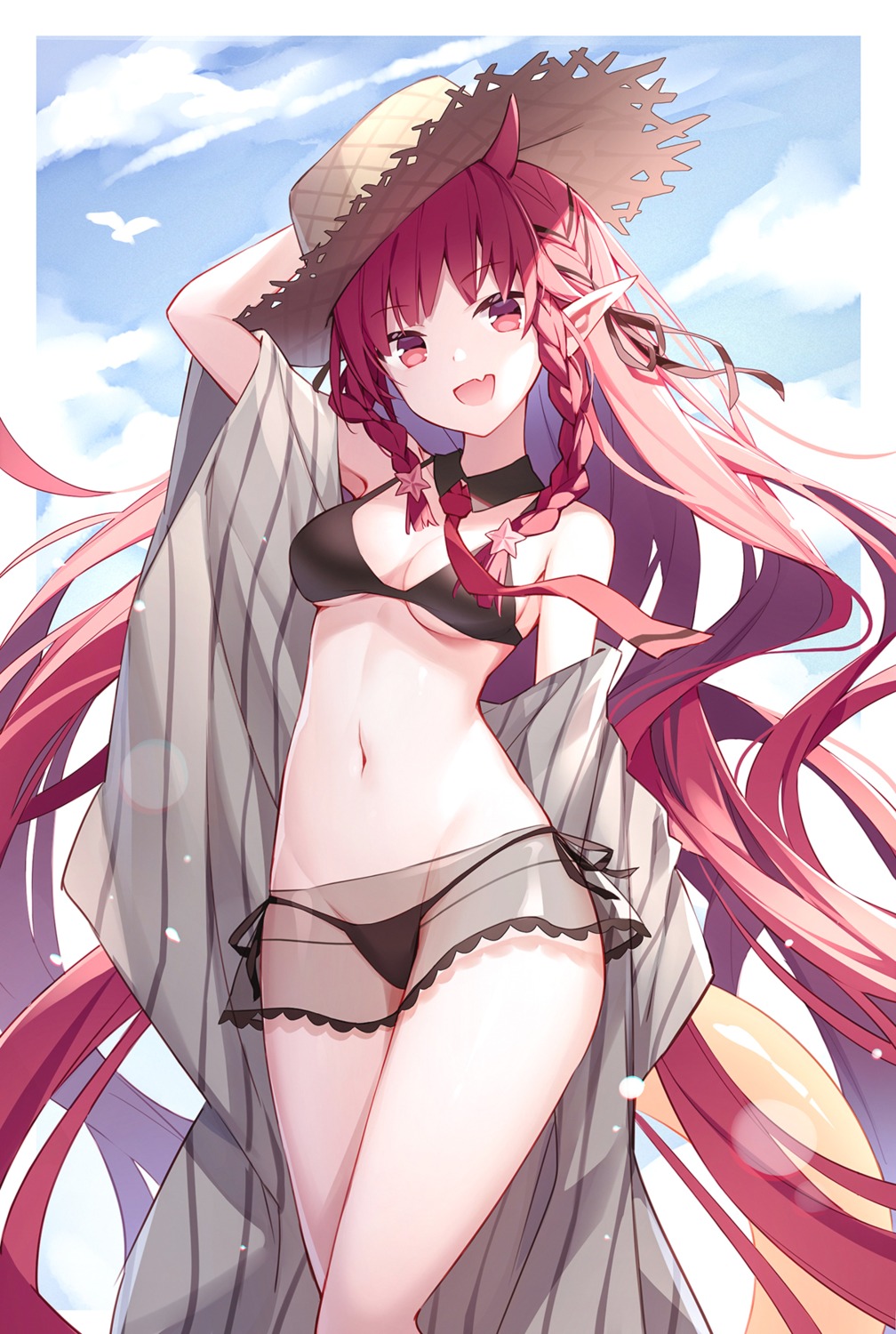 arknights bikini cleavage horns pointy_ears quan_(kurisu_tina) see_through swimsuits underboob vigna_(arknights)