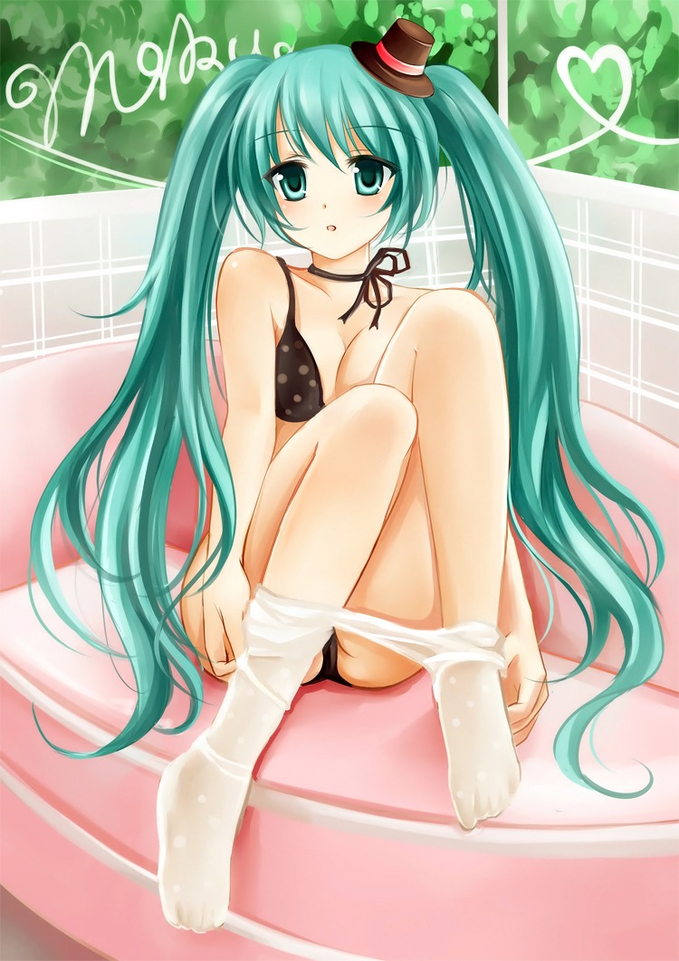 bra cleavage hatsune_miku nikoo pantsu pantyhose undressing vocaloid