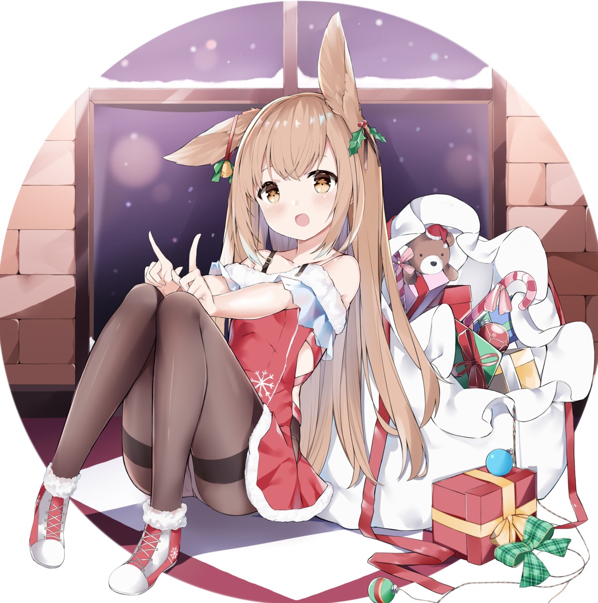 animal_ears bunny_ears christmas dress fuyuki030 pantsu pantyhose skirt_lift