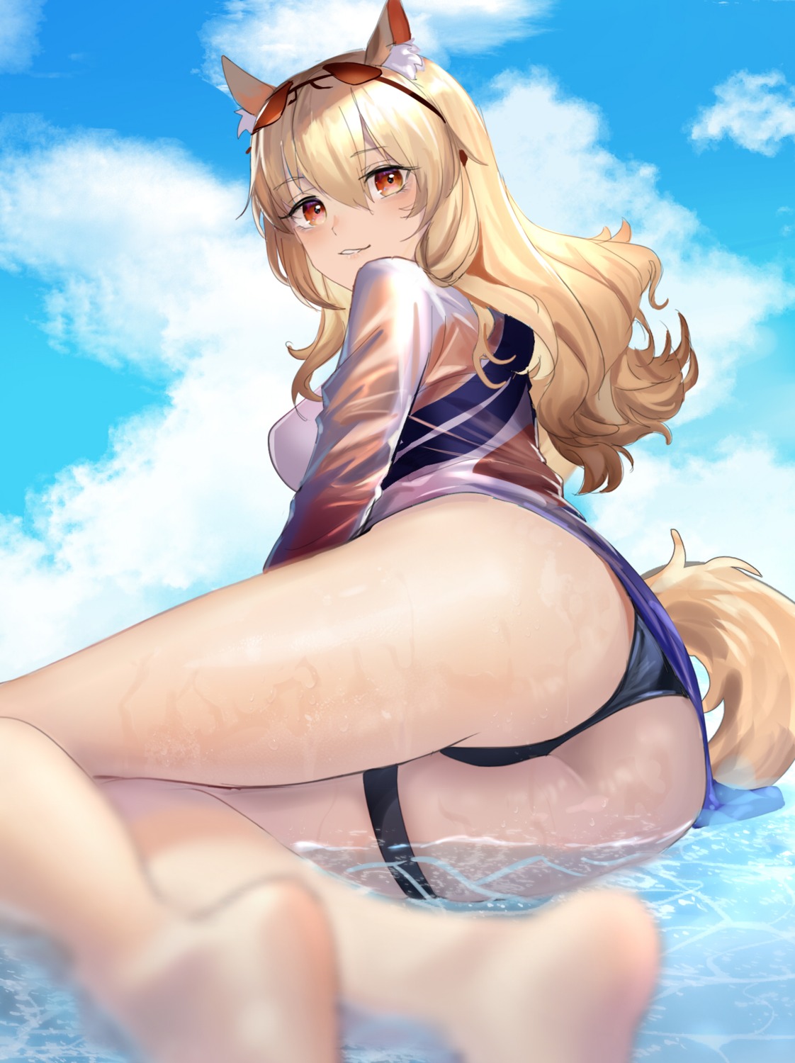 animal_ears arknights ass garter moya_(pixiv6121219) nearl_(arknights) pantsu skirt_lift tail thong wet