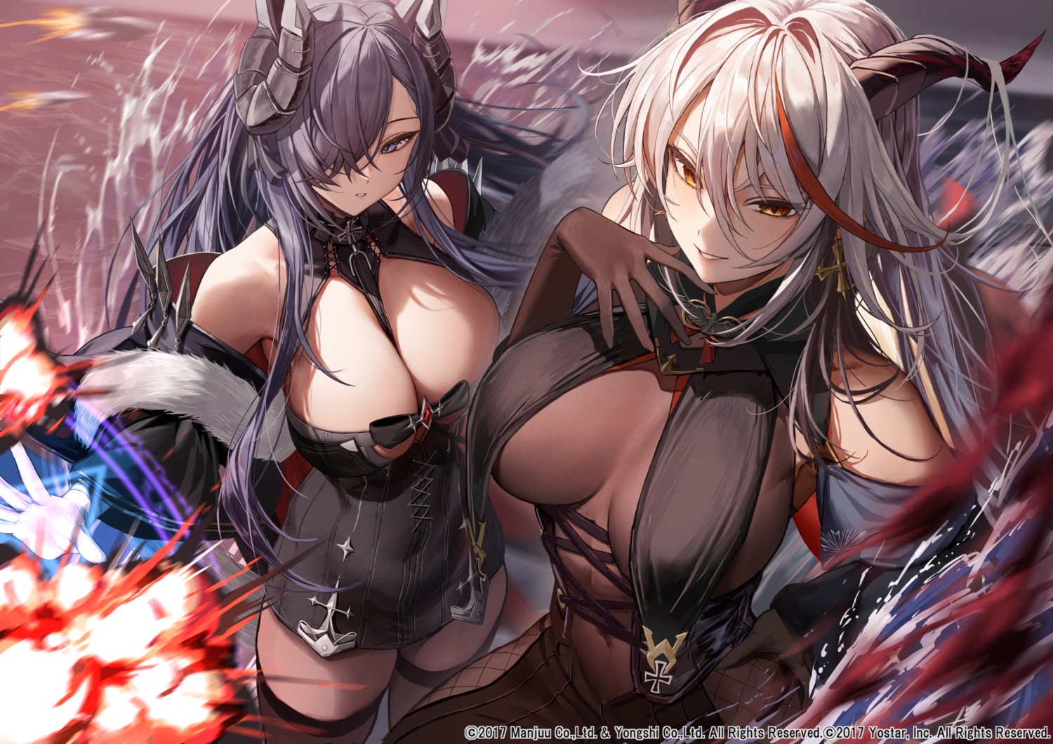 aegir_(azur_lane) august_von_parseval_(azur_lane) azur_lane bodysuit fishnets horns marse_(rokudaime) no_bra see_through thighhighs