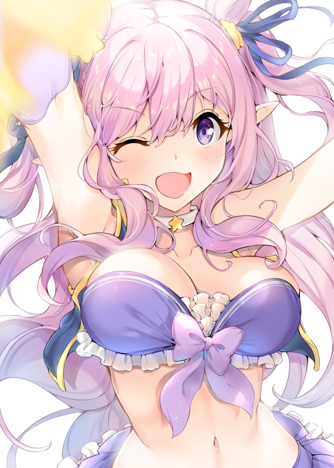 bra cheerleader cleavage kashiwazaki_hatsune open_shirt pointy_ears princess_connect! princess_connect!_re:dive xin_(zinc)