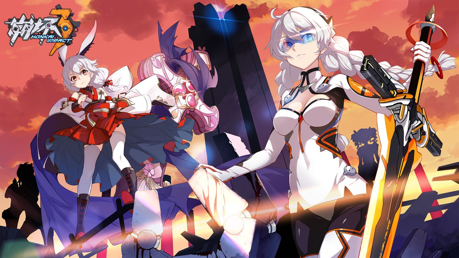 animal_ears benghuai_xueyuan bodysuit bunny_ears cleavage honkai_impact japanese_clothes kiana_kaslana skirt_lift sword theresa_apocalypse thighhighs wallpaper