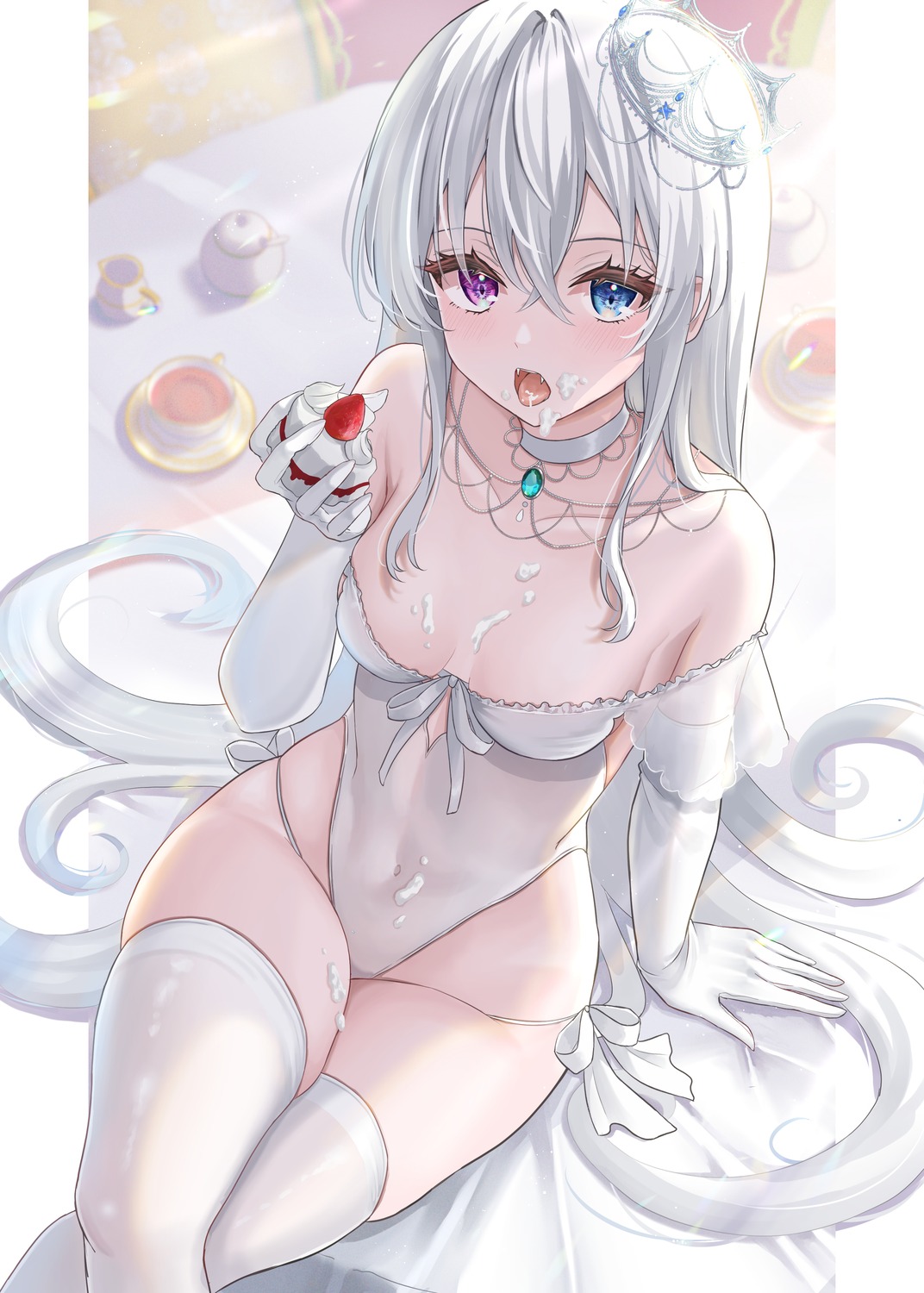 cream hayashi_takeo heterochromia leotard no_bra see_through thighhighs