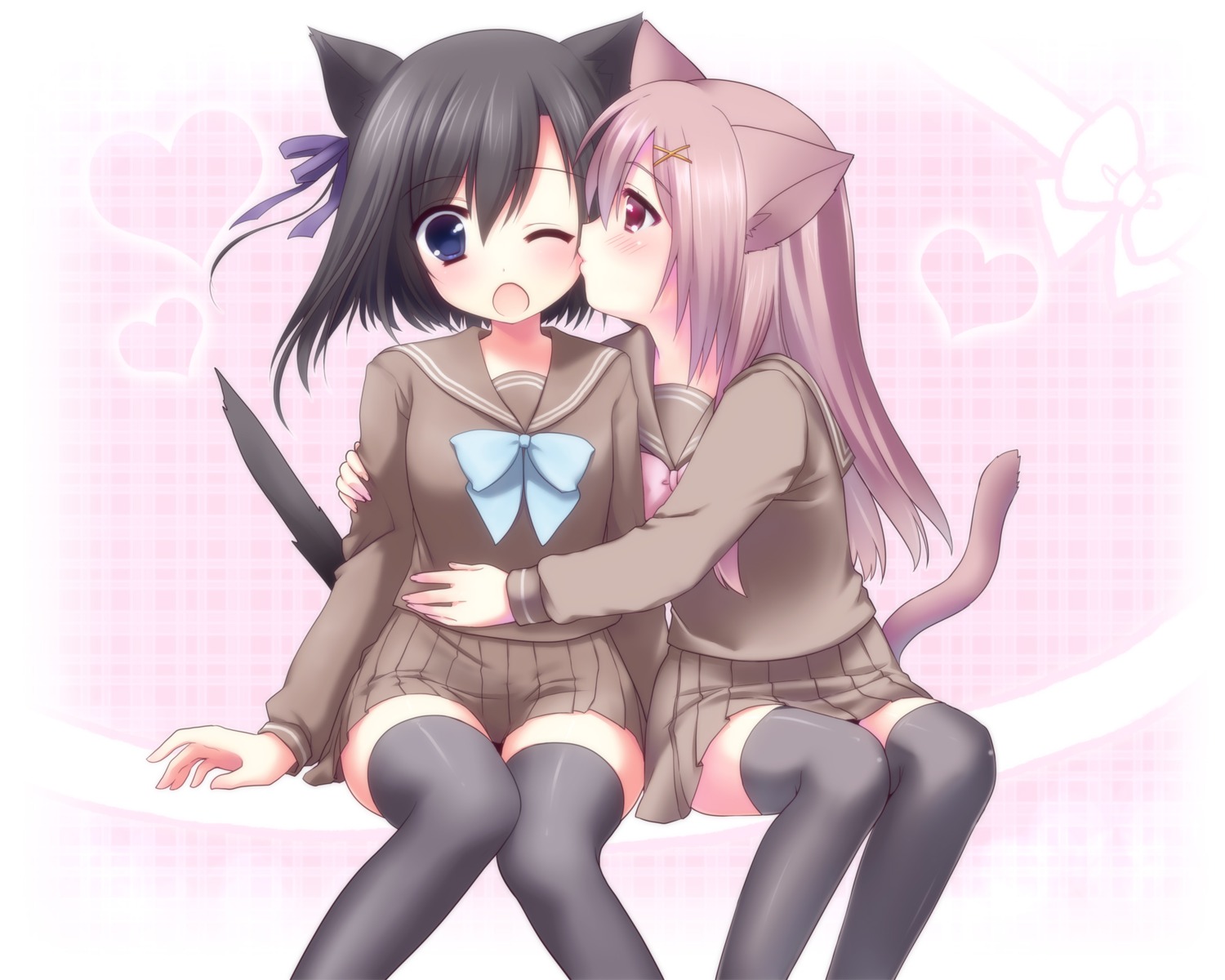 animal_ears nekomimi seifuku tail thighhighs usashiro_mani yuri