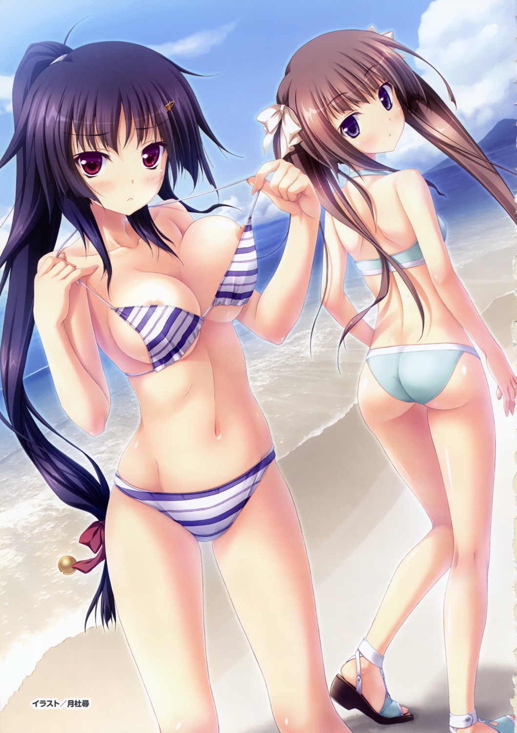 bikini cleavage hapymaher hasuno_saki hirasaka_keiko nipple_slip purple_software swimsuits tsukimori_hiro underboob