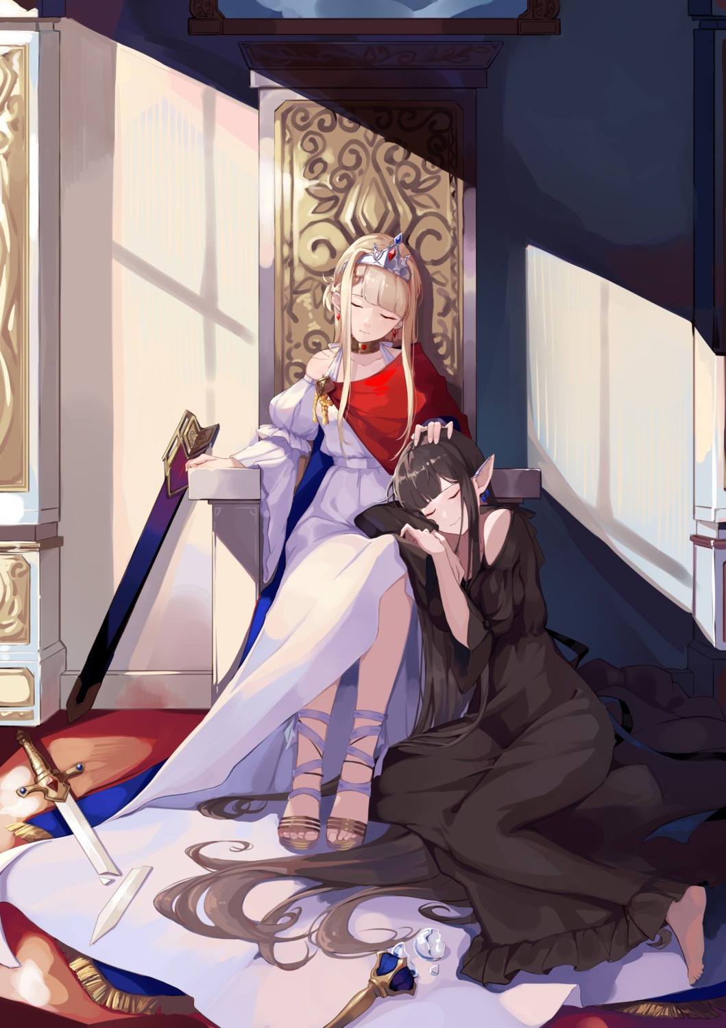 dress pointy_ears shijiuqaq sword yuri