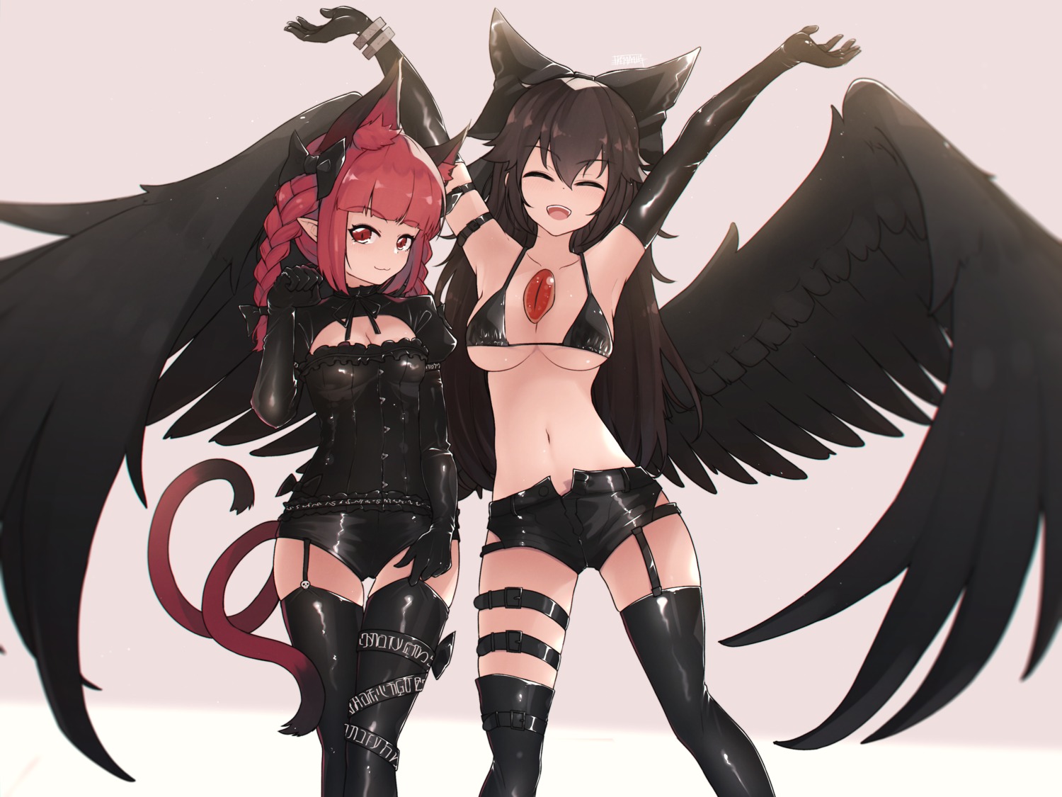 animal_ears bikini_top cleavage garter kaenbyou_rin pointy_ears reiuji_utsuho senzaicha_kasukadoki stockings swimsuits tail thighhighs touhou wings