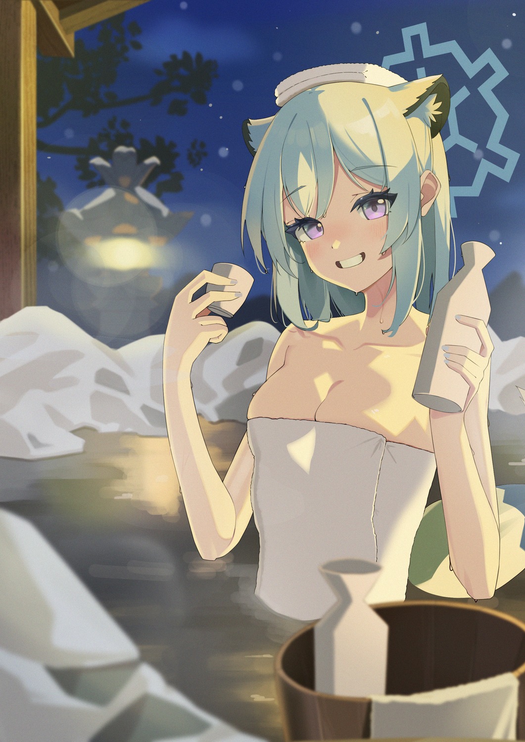 animal_ears bathing blue_archive halo marks_(dmhunsu10) mayoi_shigure onsen sake tail towel wet