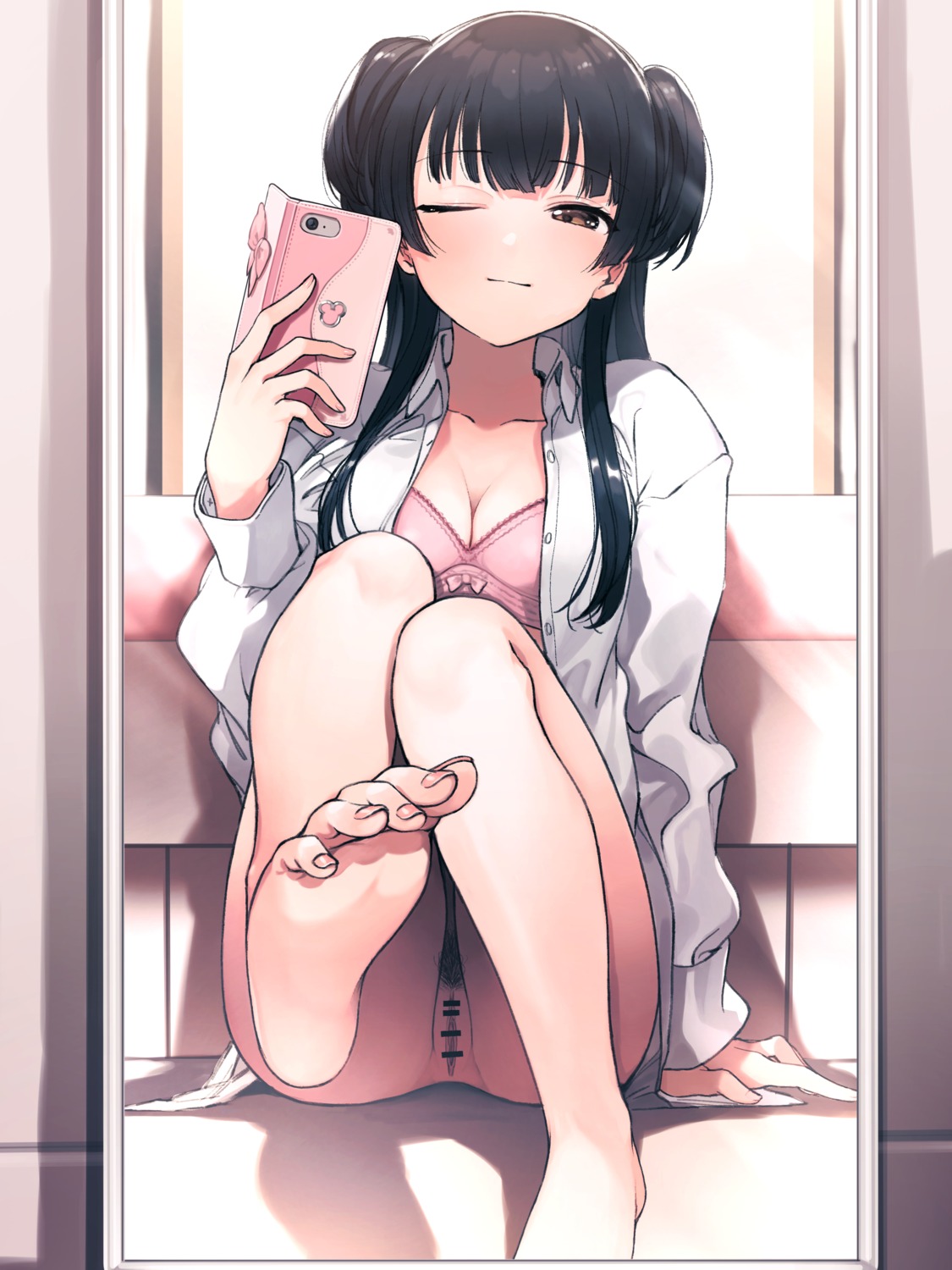 bottomless bra censored cleavage dress_shirt feet mayuzumi_fuyuko nopan open_shirt pubic_hair pussy selfie signalviolet the_idolm@ster the_idolm@ster_shiny_colors