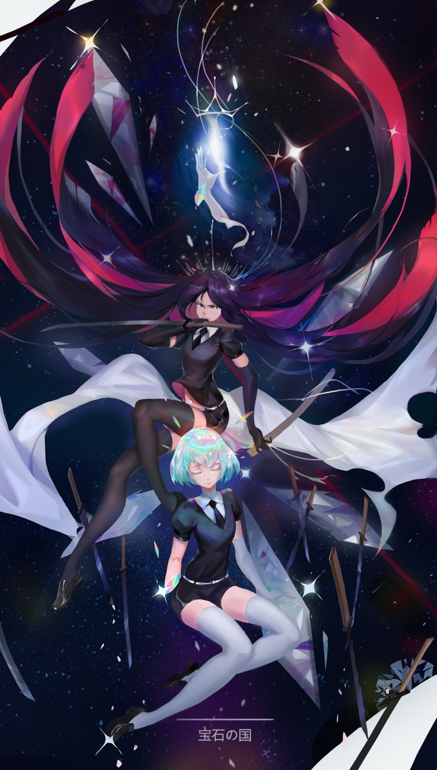 boltz_(houseki_no_kuni) diamond_(houseki_no_kuni) guernical houseki_no_kuni shirt_lift sword thighhighs