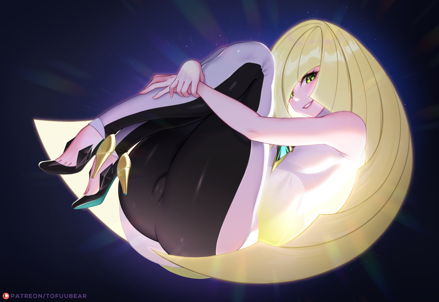 cameltoe dress heels lusamine_(pokemon) pantyhose pokemon pokemon_sm pokemon_usum skirt_lift tofuubear