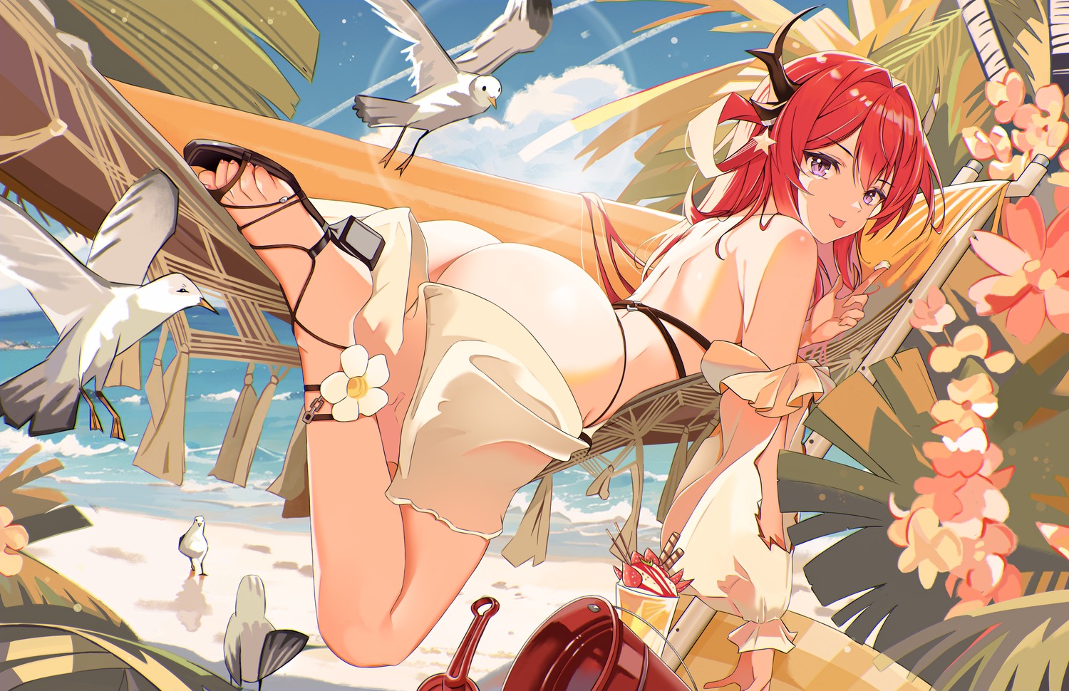 arknights ass auguste bikini heels horns surtr_(arknights) swimsuits thong torn_clothes