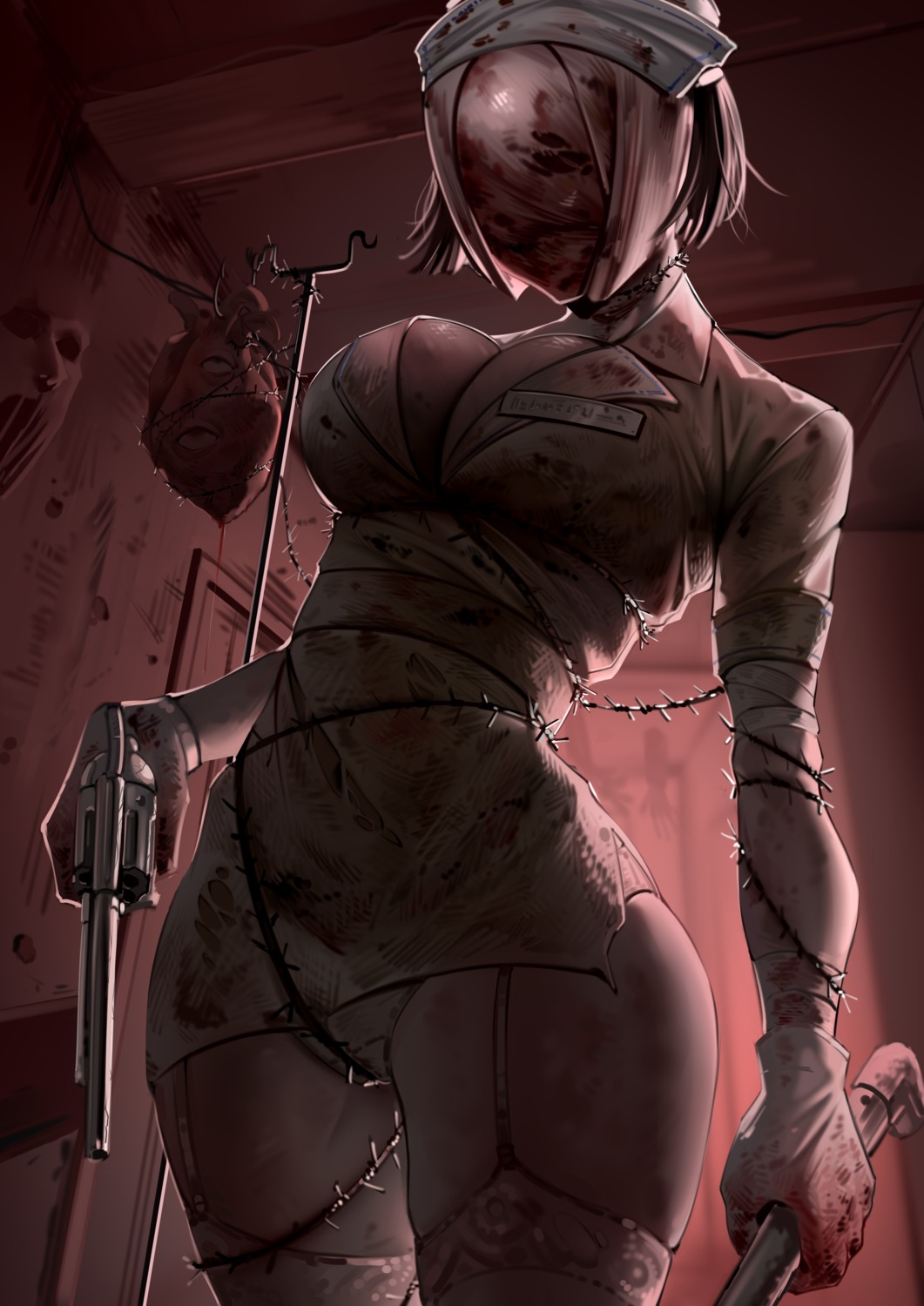 bandages blood gun harris_hero no_bra nurse open_shirt silent_hill stockings thighhighs