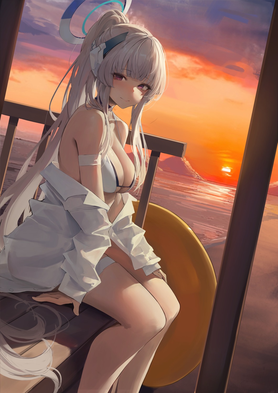 bikini_top blue_archive dress_shirt garter halo hiki_niito open_shirt swimsuits ushio_noa