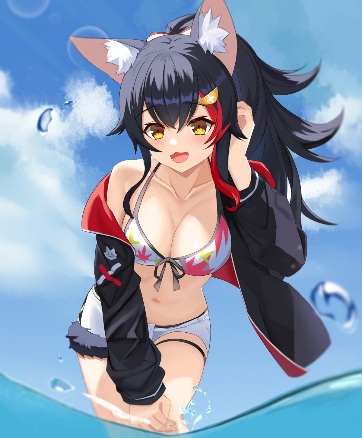 animal_ears bikini cleavage garter hololive hololive_gamers jiang_ye_kiri ookami_mio open_shirt swimsuits tail wet